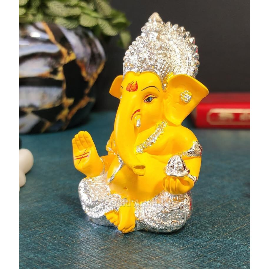 Gold Art India 999 Silver Plated Ganesh Idol for Car Dashboard God Ganesha Idol for Home Decor Ganpati for Gift Office Table Shelves Gifting Idol 3.5 inches Silver Mango