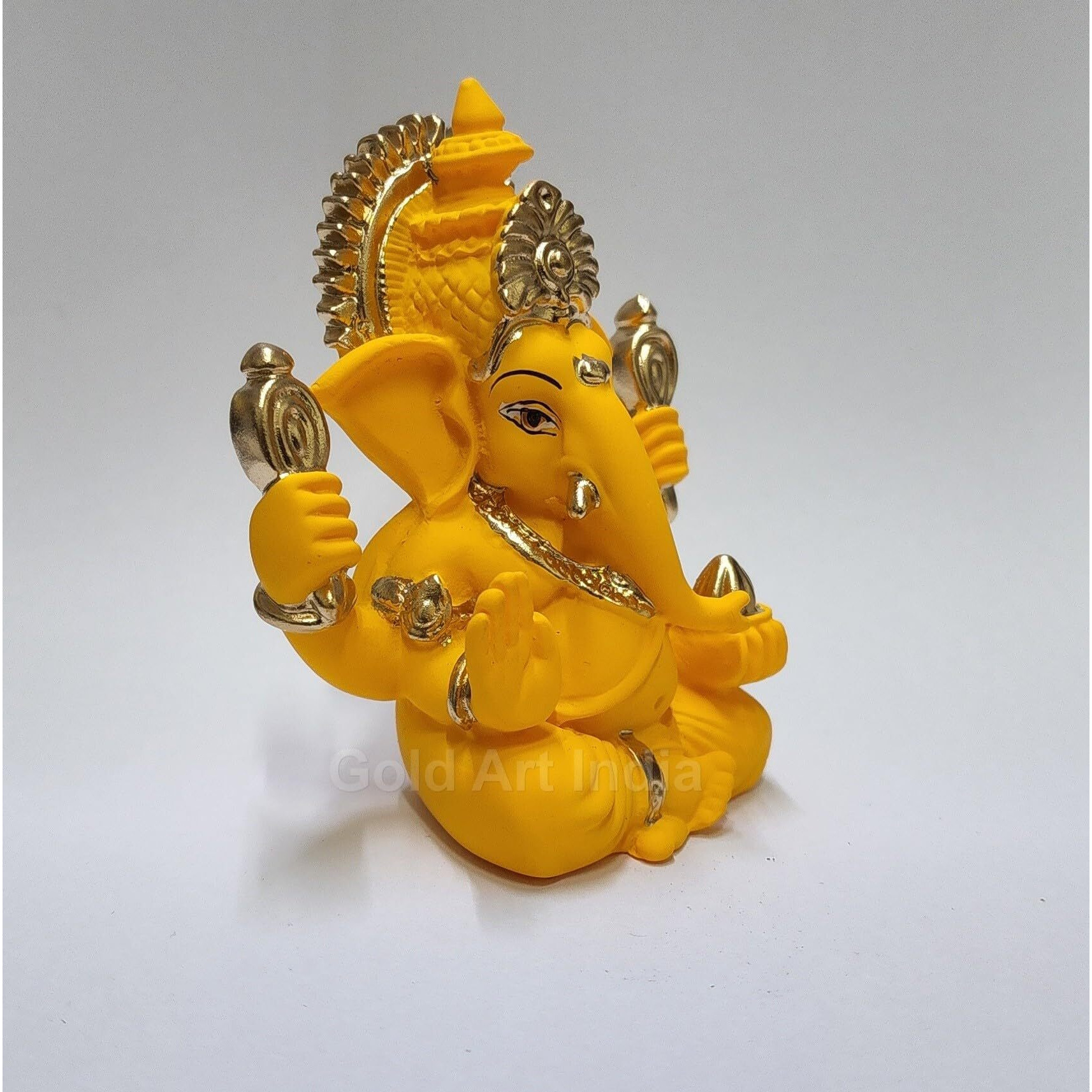 Gold Art India Handcrafted Mango Terracotta Ganesha with Golden Jewelry for Car Dashboard, Home/Office Decor, Gifting/housewarming gifts (4HANDGANESHAYELLOWTERRACOTTA 3.3 )