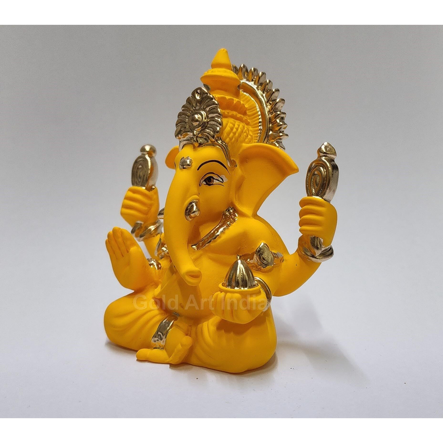 Gold Art India Handcrafted Mango Terracotta Ganesha with Golden Jewelry for Car Dashboard, Home/Office Decor, Gifting/housewarming gifts (4HANDGANESHAYELLOWTERRACOTTA 3.3 )