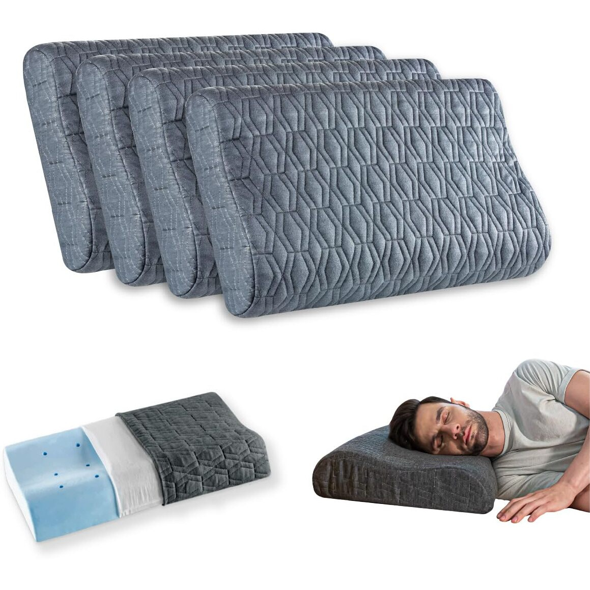 The White Willow Set of 4 Cervical Orthopedic Memory Foam Cooling Gel Extra Small Contour Neck Support Sleeping Bed Pillow with Removable Zip Cover (24 L x 16.5 W x 4.5 H) -Grey