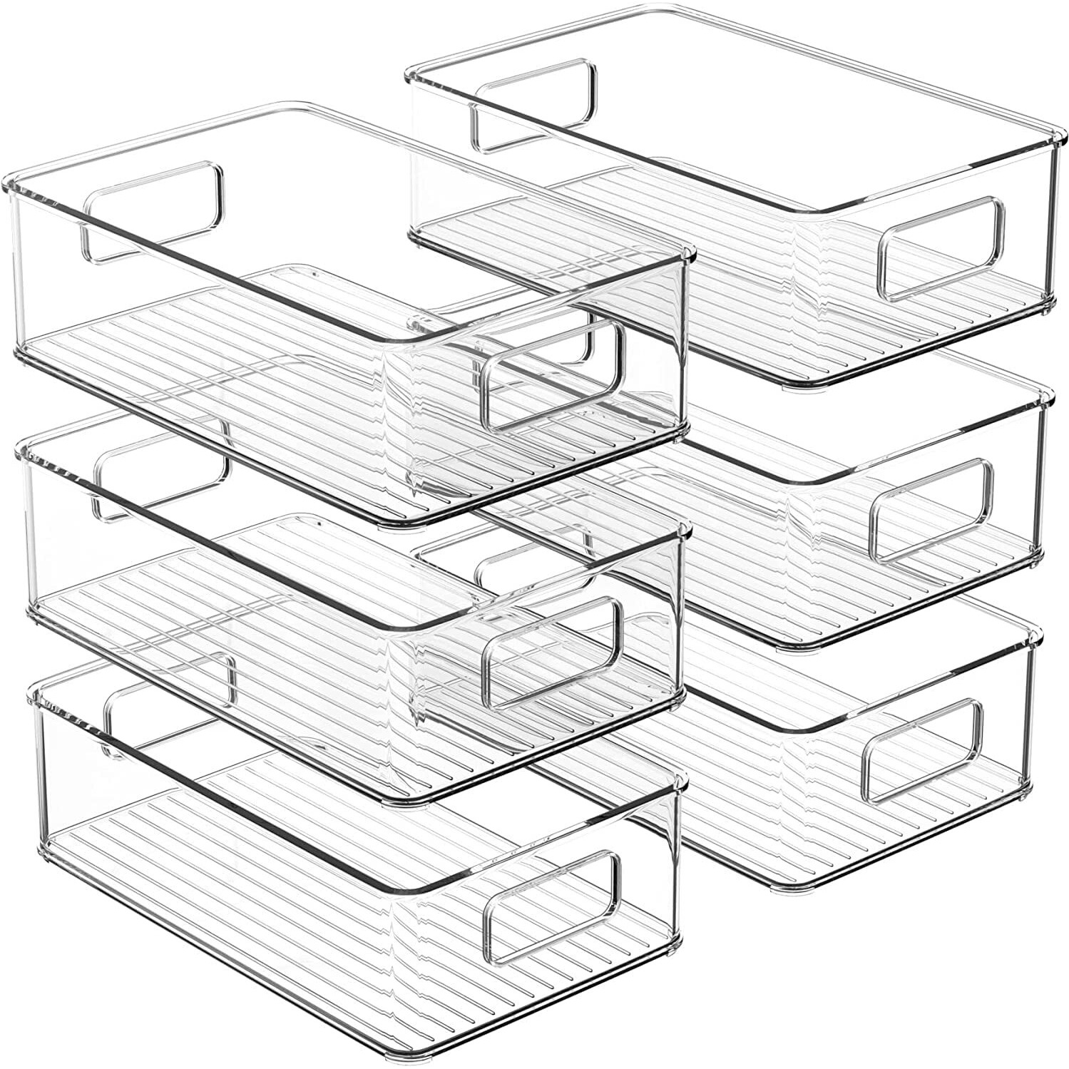 Snazzy Plastic Kitchen Storage Container Bins with Handles -Organization in Pantry, Cabinet, Refrigerator or Freezer Shelves - Food Organizer for Fruit, Yogurt, Squeeze Pouches - 2 Pack - Clear