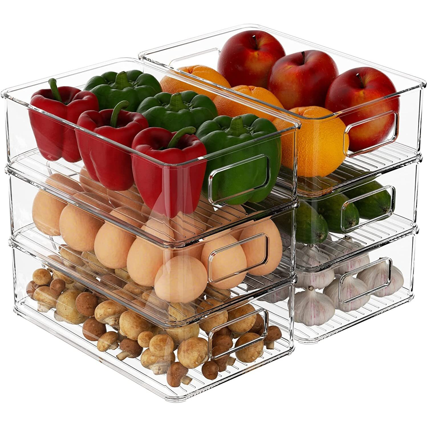 Snazzy Plastic Kitchen Storage Container Bins with Handles -Organization in Pantry, Cabinet, Refrigerator or Freezer Shelves - Food Organizer for Fruit, Yogurt, Squeeze Pouches - 2 Pack - Clear