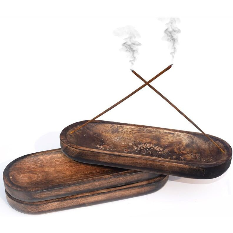 Pure Source India Natural Wood Incense Holder and Ash Catcher (11 X 4 Inch, Set of- 2, Oval)