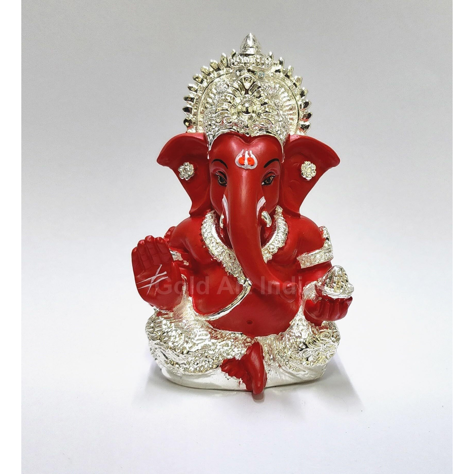Gold Art India 999 Silver Plated Ganesh Idol for Car Dashboard God Ganesha Idol for Home Decor Ganpati for Gift 3.5 inches (Silver) (MukutSilver red)