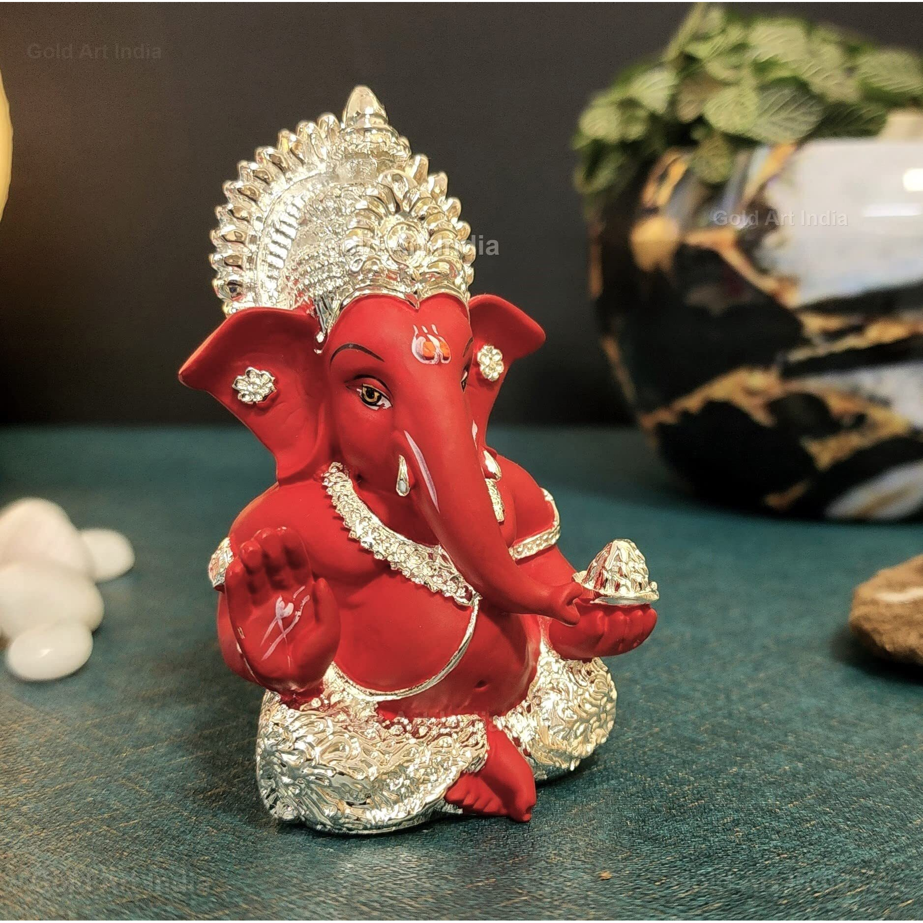 Gold Art India 999 Silver Plated Ganesh Idol for Car Dashboard God Ganesha Idol for Home Decor Ganpati for Gift 3.5 inches (Silver) (MukutSilver red)