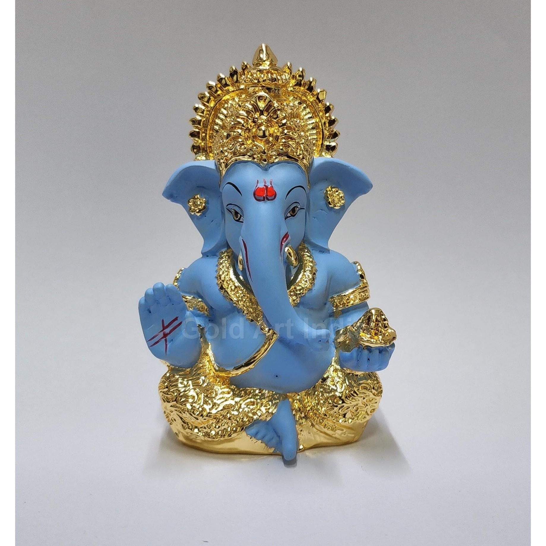 Gold Art India Gold Plated Ganesha with Terracotta Colour - Perfect for Car Dashboards, Office & Home Shelves, Diwali Puja, and Gifting (MukutGoldBlue 3.5)