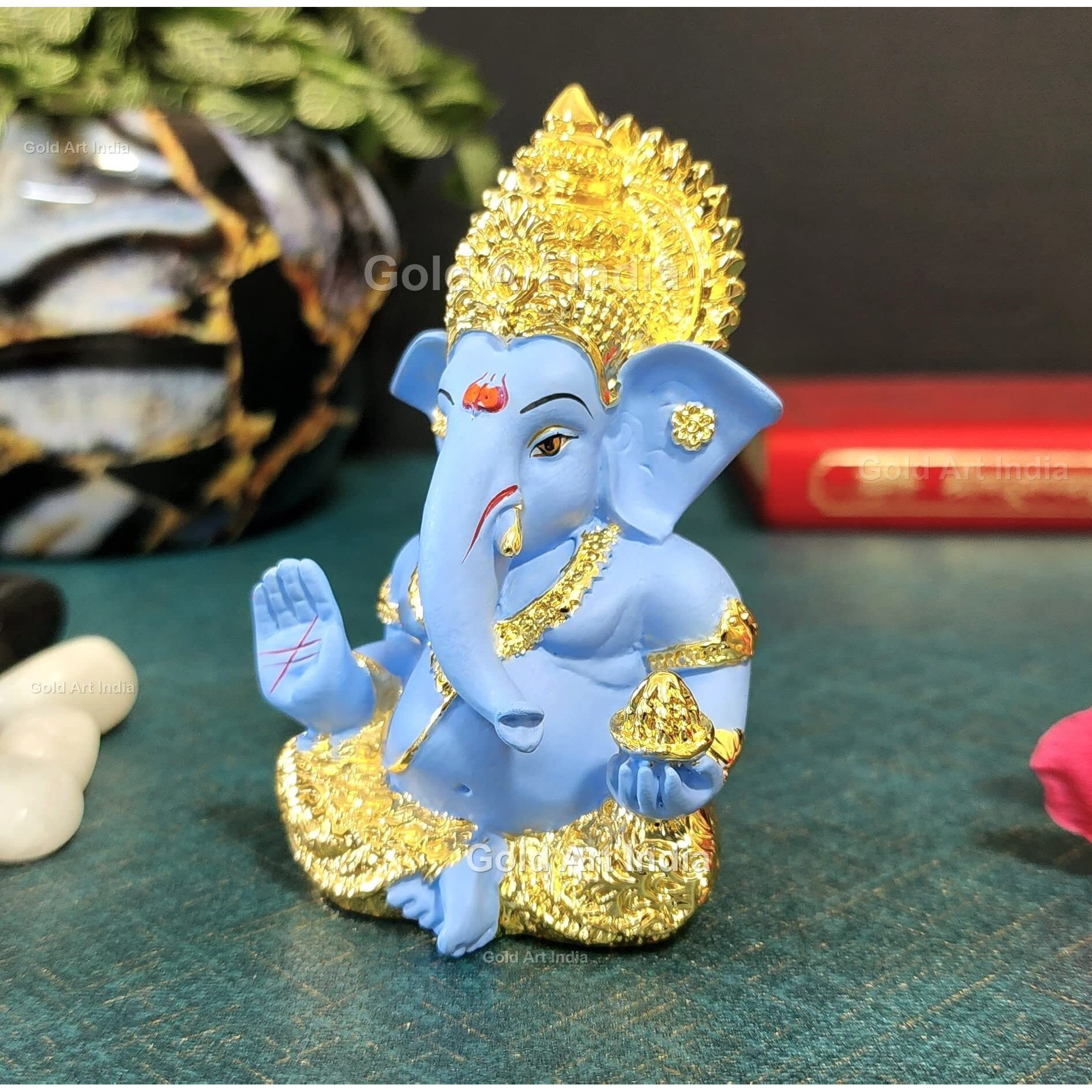 Gold Art India Gold Plated Ganesha with Terracotta Colour - Perfect for Car Dashboards, Office & Home Shelves, Diwali Puja, and Gifting (MukutGoldBlue 3.5)