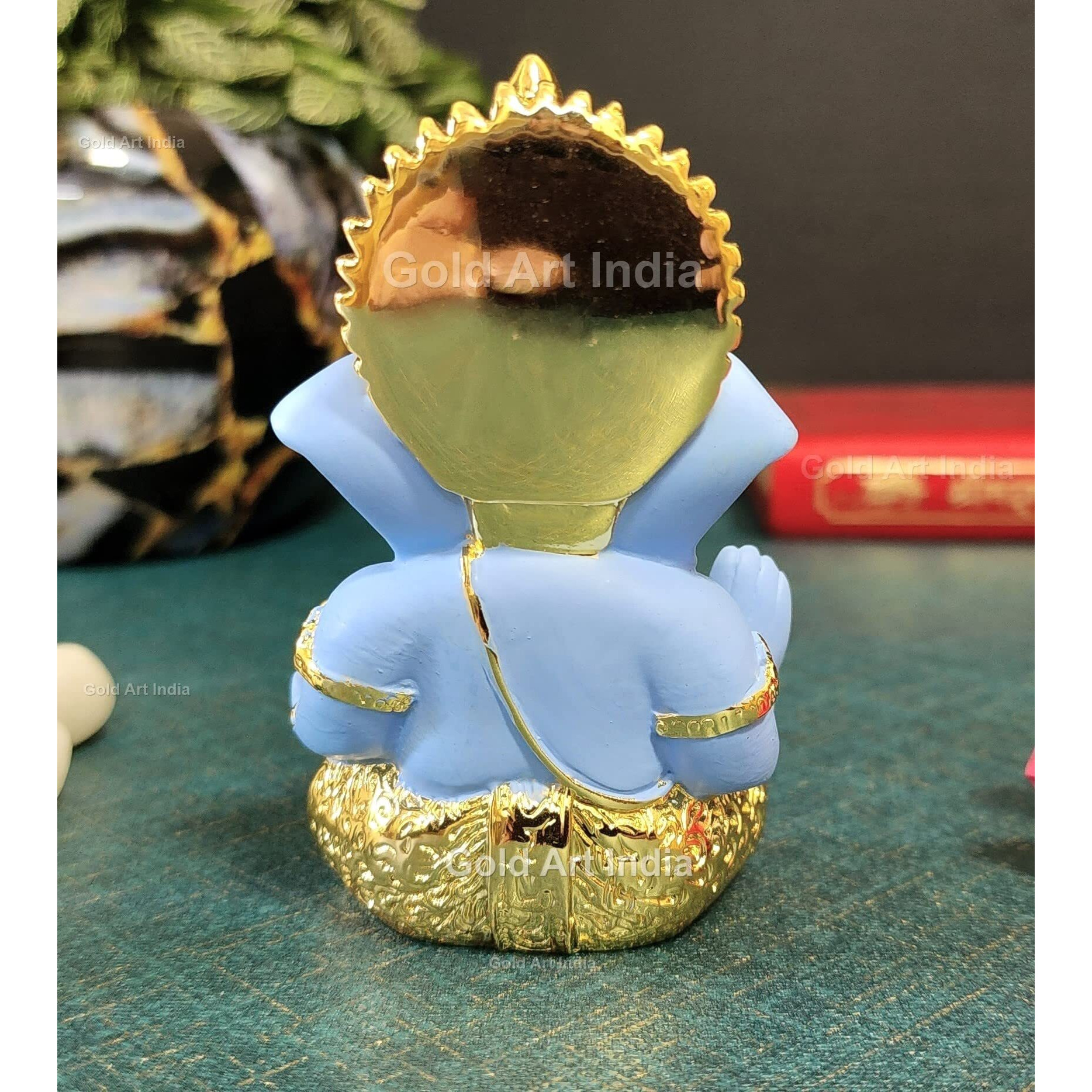 Gold Art India Gold Plated Ganesha with Terracotta Colour - Perfect for Car Dashboards, Office & Home Shelves, Diwali Puja, and Gifting (MukutGoldBlue 3.5)