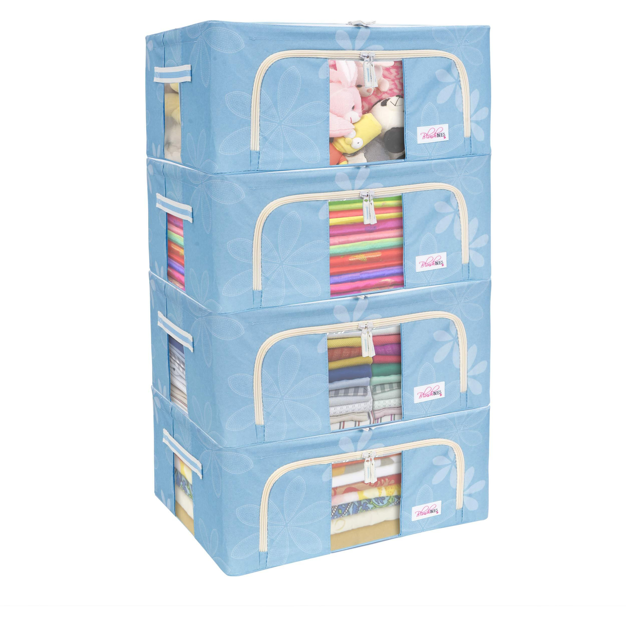 BlushBees Living Box - Foldable Storage Boxes for Clothes, Saree Cover Bags - 44 Litre, Pack of 4, Blue