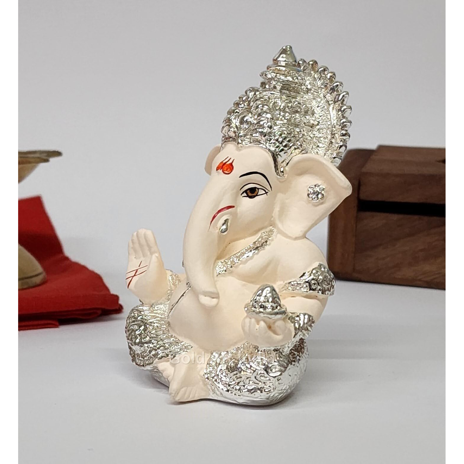 Gold Art India 999 Silver Plated Ganesh Idol for Car Dashboard God Ganesha Idol for Home Decor Ganpati for Gift Home Office Table Shelves Gifting 3.5 inches (Silver) (Silver Cherry Blossom)