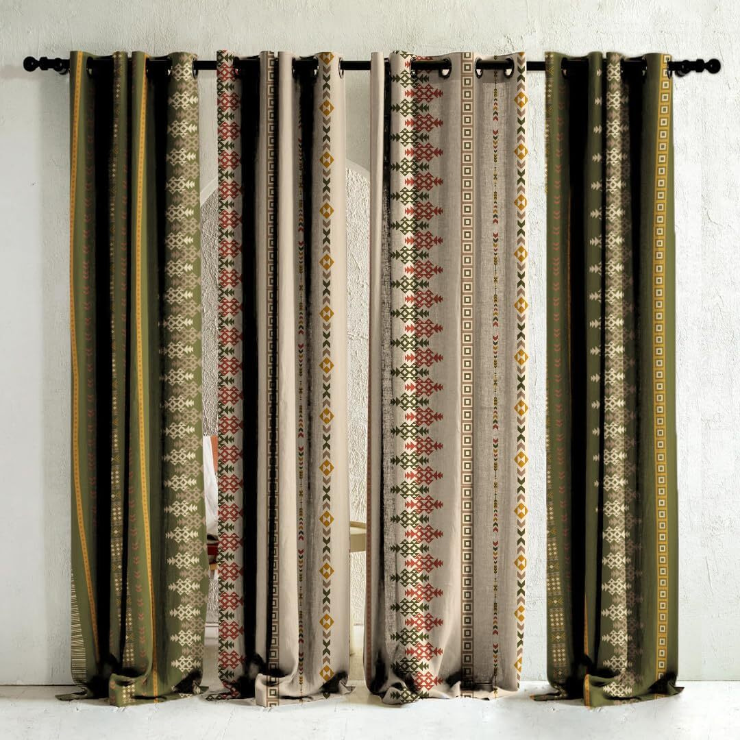SPACES DRAPE STORY Polyester Turkish Tribal Digital Printed Boho Twill Textured Combination Room Darkening Grommet Curtains- Set of 4 7Ft Door Curtain (Beige & Khaki)