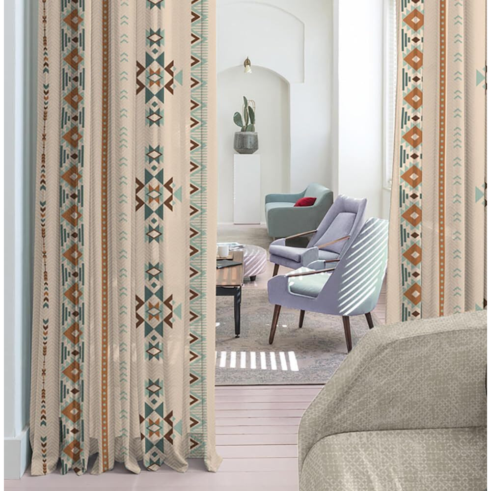 SPACES DRAPE STORY Polyester Turkish Tribal Digital Printed Boho Twill Textured Combination Room Darkening Grommet Curtains- Set of 4 7Ft Door Curtain (Beige & Khaki)