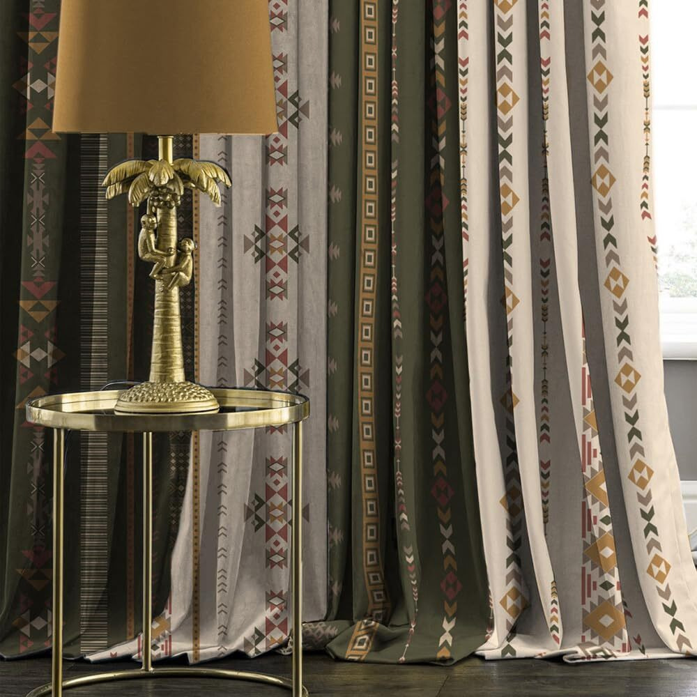 SPACES DRAPE STORY Polyester Turkish Tribal Digital Printed Boho Twill Textured Combination Room Darkening Grommet Curtains- Set of 4 7Ft Door Curtain (Beige & Khaki)