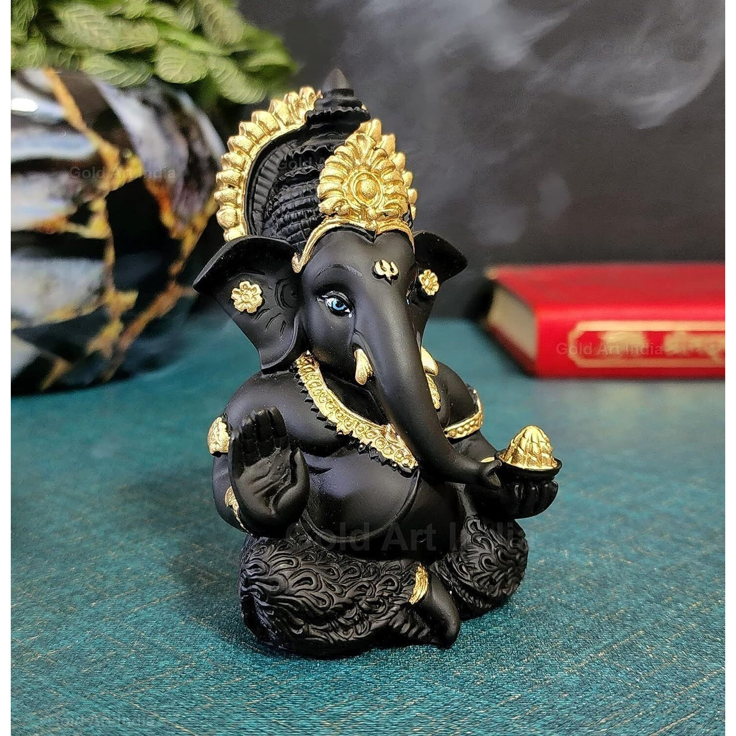 Gold Art India Terracotta Black Ganesh Idol for Car Dashboard Small Ganesha Murti Ganpati Idol for Home Decor Puja Lord Ganesh Statue Gift for Office Desk Puja Room Figurine 3.5 X 2 Inches