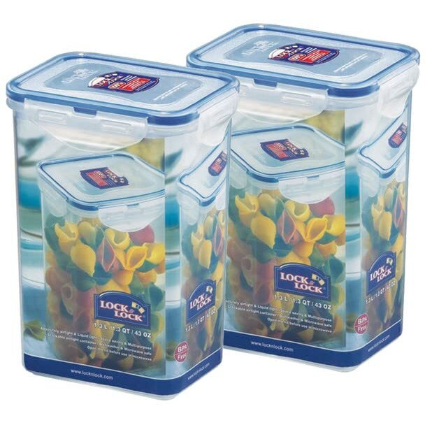 Lock & Lock Classic Rectangular Plastic Airtight Food Storage Container with Leak Proof Lid, 1.3 Liter, Transparent, Set of 2 (HPL809 x 2)