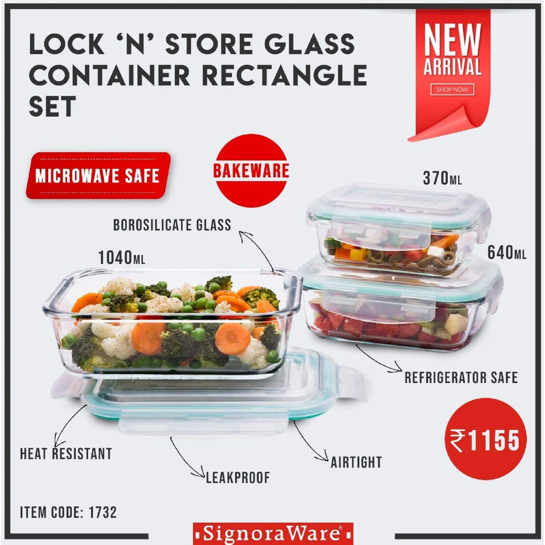 Signoraware Lock N Store High Borosilicate Bakeware Safe Glass Container Rectangular (370ml+640ml+1040ml), Set of 3, Transparent