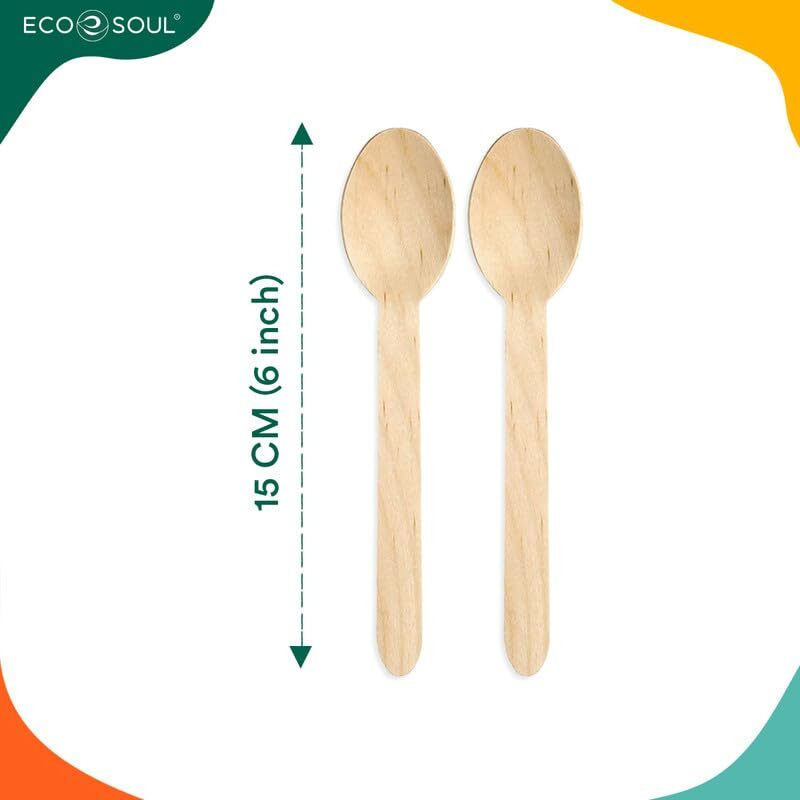 ECO SOUL [160mm, 50 Pack] Disposable Spoons | Wooden Dining Flatware | Ideal for Kids Birthday, Wedding & Party