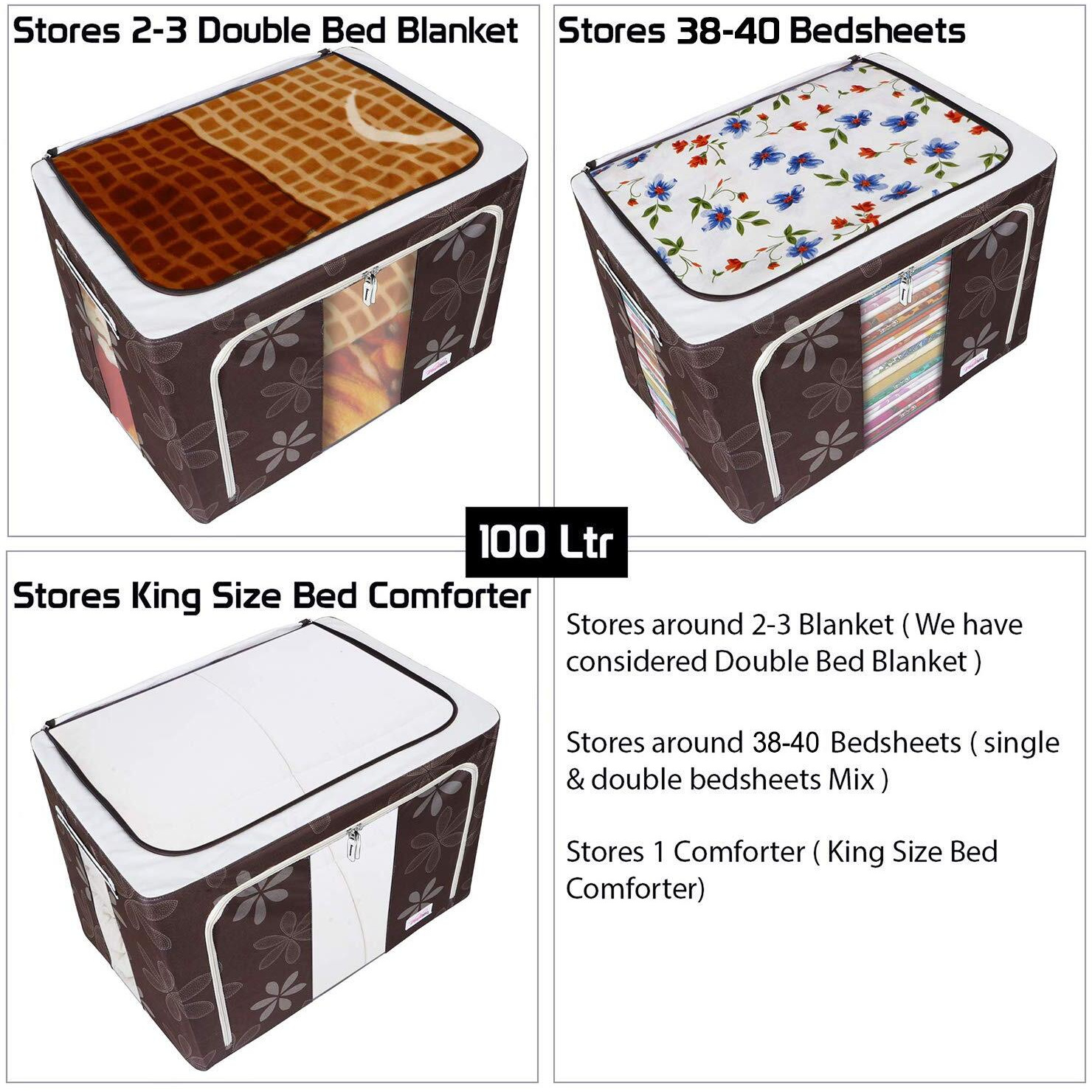 BlushBees Oxford Fabric Living Box - Storage Boxes For Clothes, Blanket Cover Bag - 100 Litre, Pack of 2, Brown