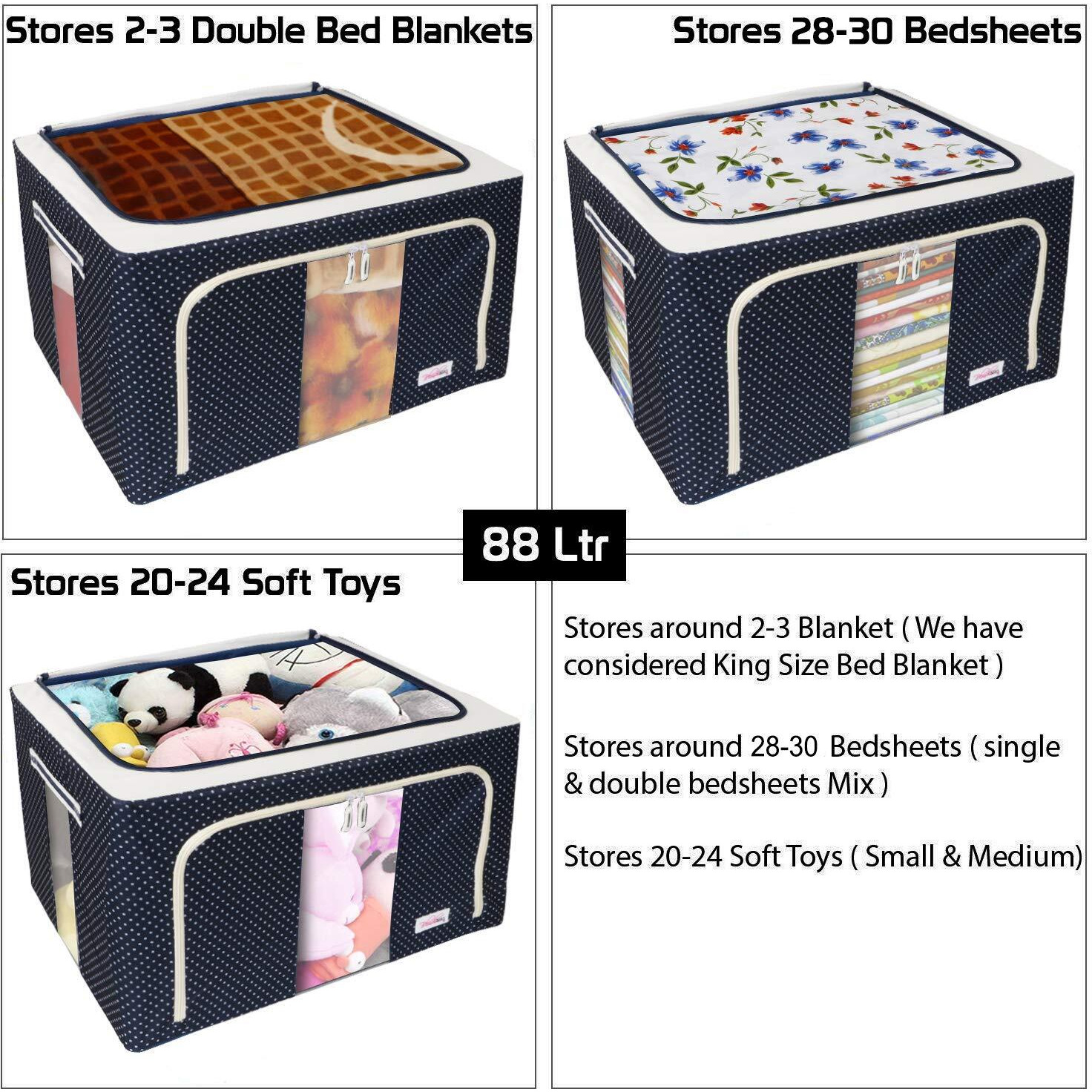 BlushBees Living Box - 600D Oxford Fabric Wardrobe Organizer, Jumbo Blanket Cover Bag - 88 Litre, Pack of 2, Polka Dots Blue