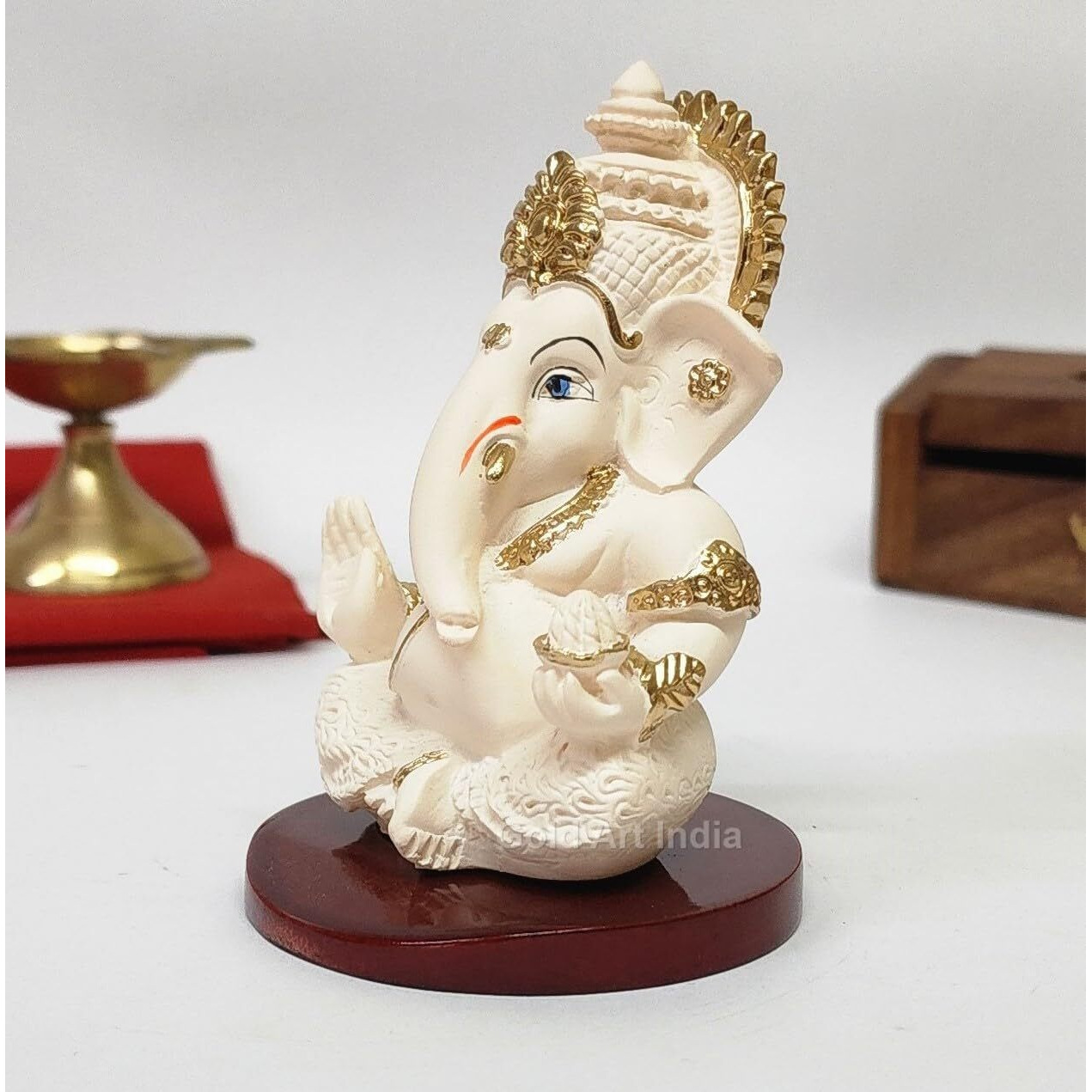 Gold Art India Ganesha Idol | Ganesh Statue for Home Decor | Ganesha murti for Office Desk, & Ganpati Idol for Car Dashboard | Unique Wedding & Birthday Gift (PEACHIVORYMDF 3.5)