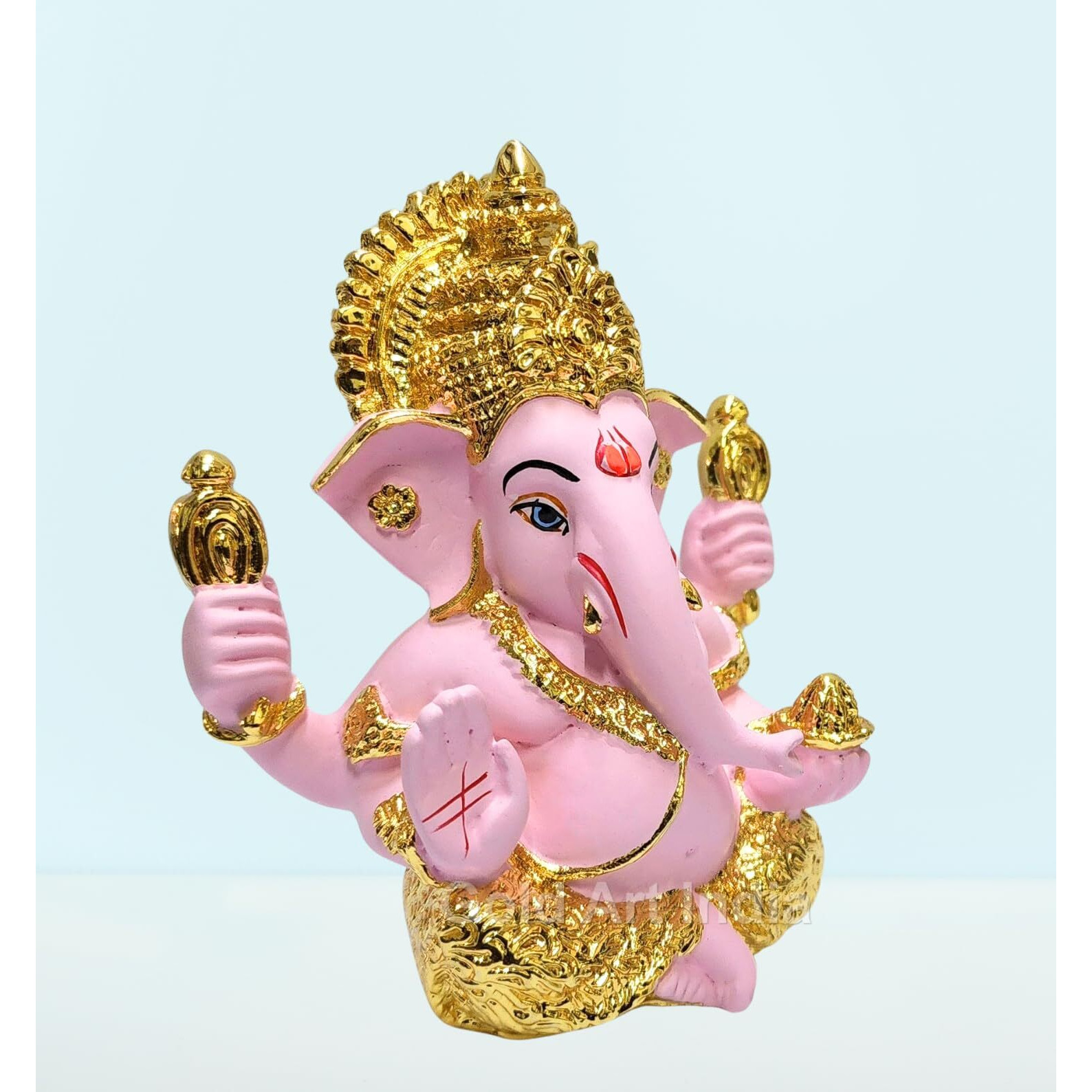 Gold Art India Mukut Ganesha Statue Gold Plated | Car Dashboard | Office Desk/Home Dcor | Gifting | House Warming | | 150g | 3.3 Height | (4HANDMUKUTGOLDPINK)