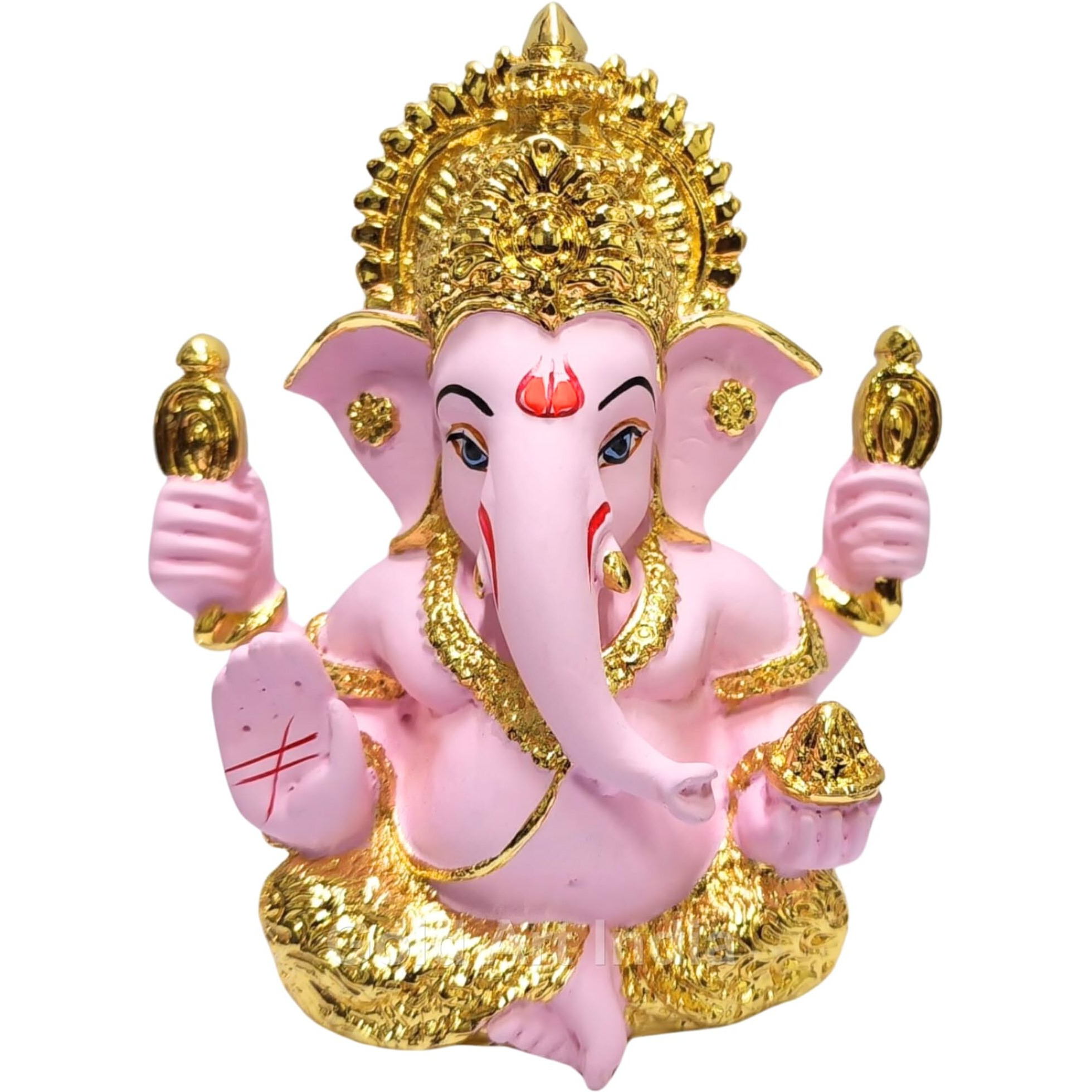 Gold Art India Mukut Ganesha Statue Gold Plated | Car Dashboard | Office Desk/Home Dcor | Gifting | House Warming | | 150g | 3.3 Height | (4HANDMUKUTGOLDPINK)