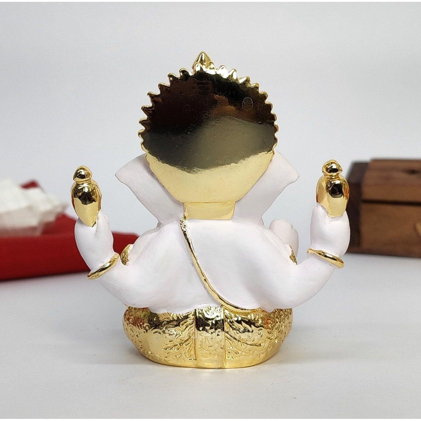 Gold Art India Mukut Ganesha Statue Gold Plated | Car Dashboard | Office Desk/Home Dcor | Gifting | House Warming | | 150g | 3.3 Height | (4HANDMUKUTGOLDWHITE)