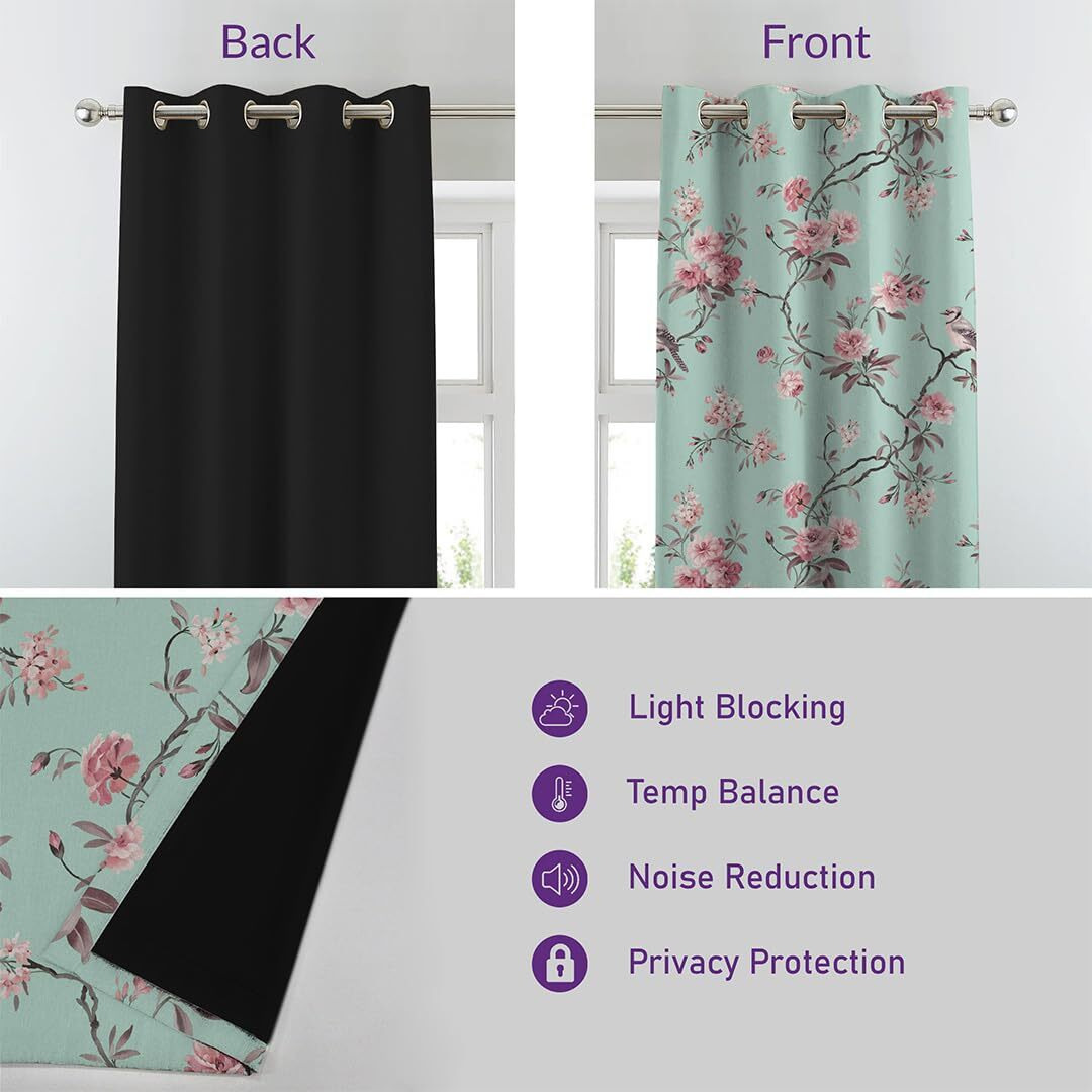 SPACES DRAPE STORY Premium Printed Blackout Curtain with Lining, Set of 2, 5Ft Window Curtains, Sky Blue & Pink