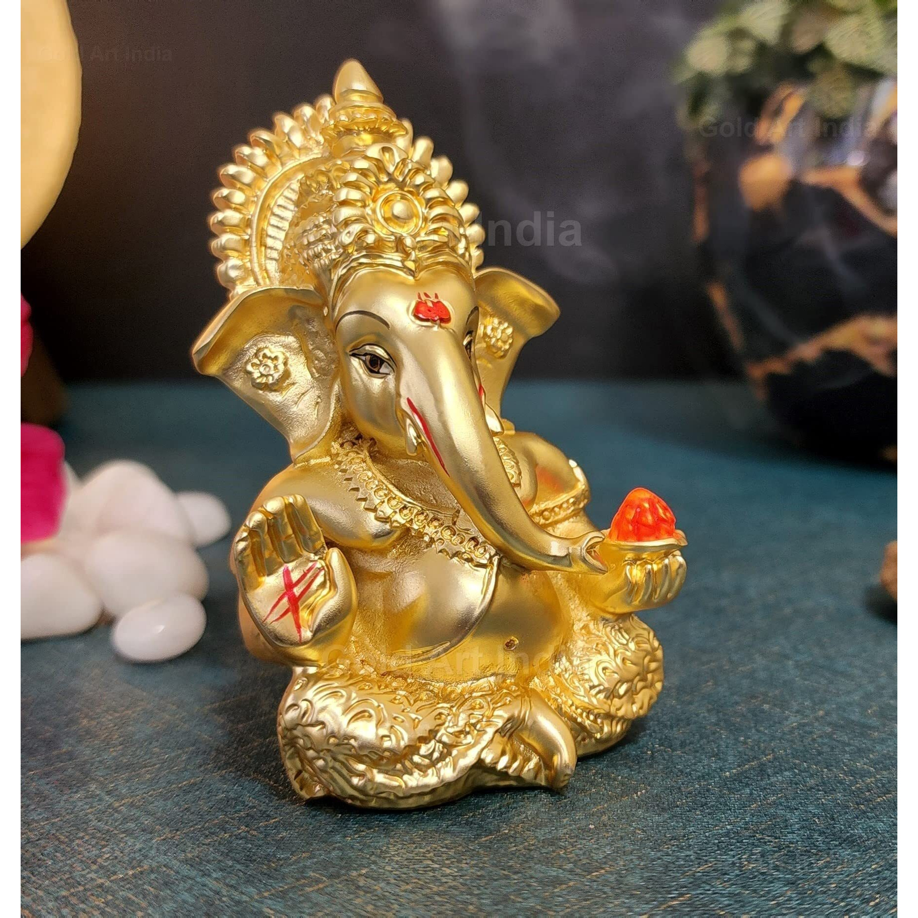 Gold Art India Gold Matte Ganesh Idol For Car Dashboard Ganesha Murti Ganpati Idol For Home Decor Puja Lord Ganesh Statue Gift For Office Desk Puja Room Figurine