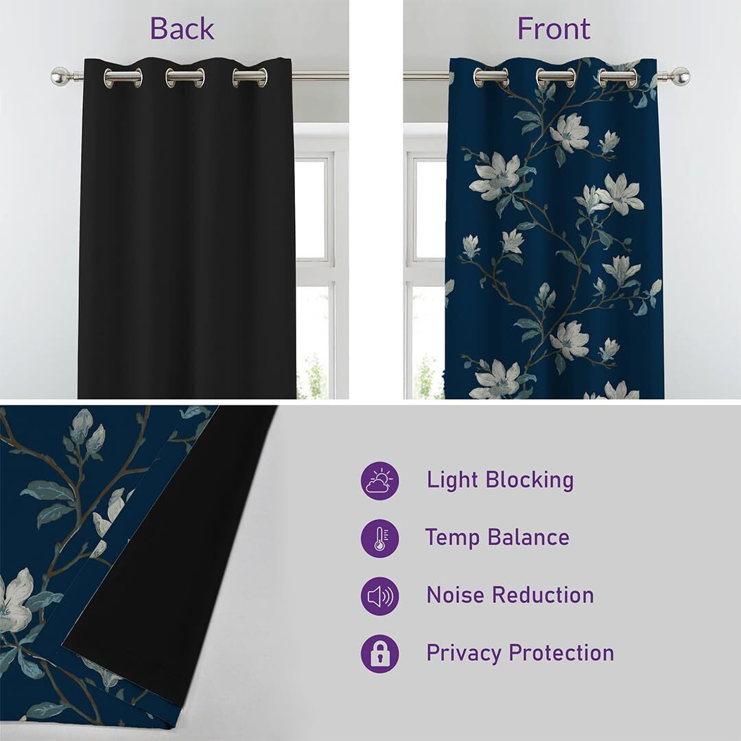 SPACES DRAPE STORY Premium Printed Blackout Curtain with Lining, Set of 2, 5Ft Window Curtains, Blue