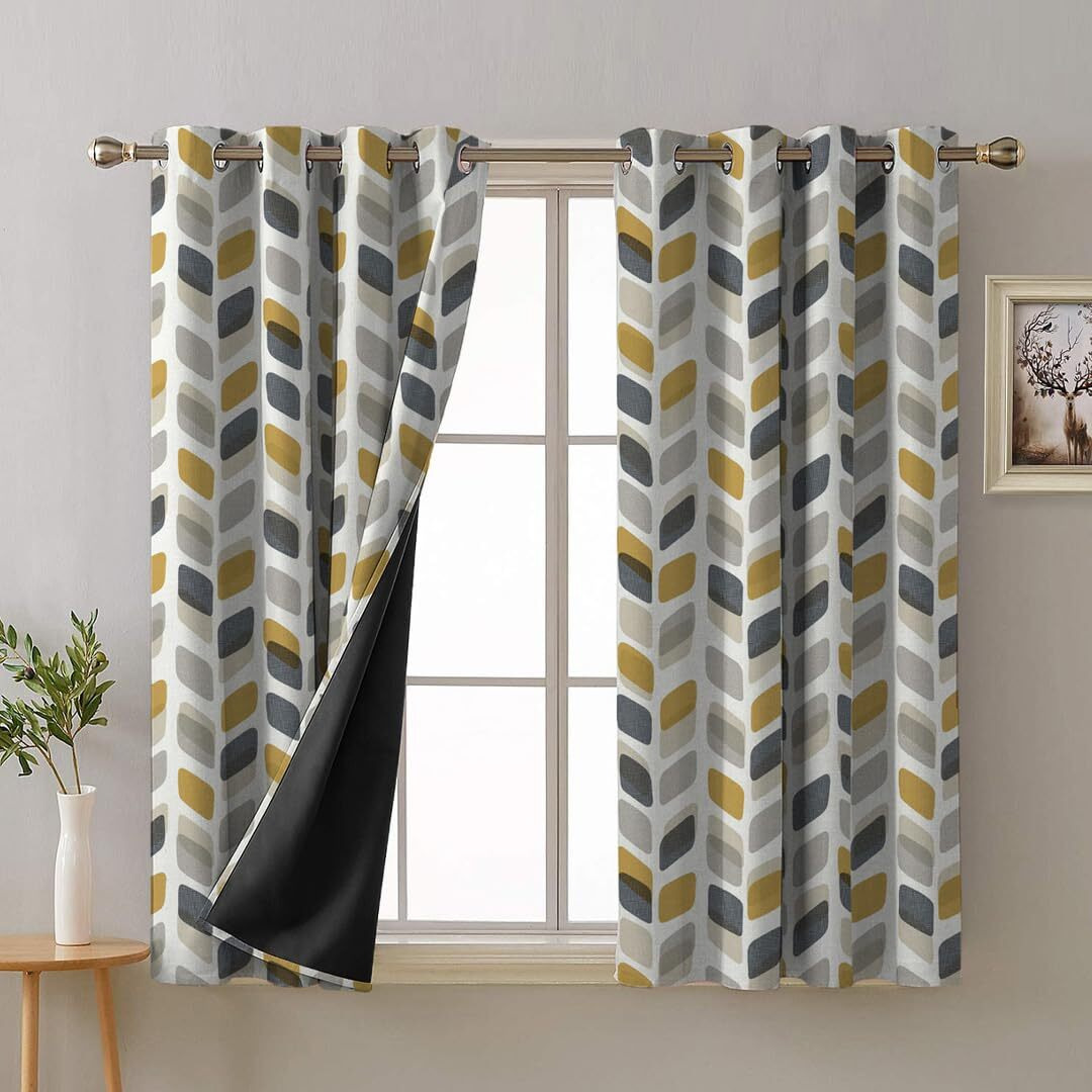 SPACES DRAPE STORY Premium Printed Blackout Curtain with Lining, Set of 2, 5Ft Window Curtains, Mustard