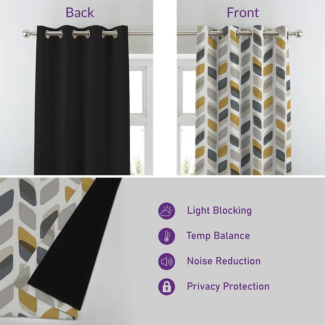 SPACES DRAPE STORY Premium Printed Blackout Curtain with Lining, Set of 2, 5Ft Window Curtains, Mustard