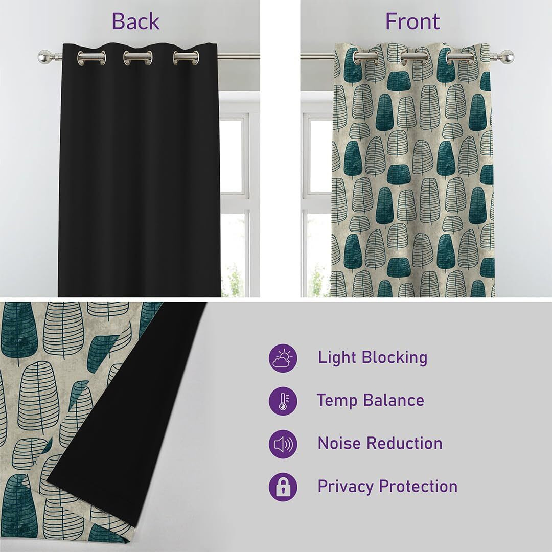 SPACES DRAPE STORY Premium Printed Blackout Curtain with Lining, Set of 2, 5Ft Window Curtains, Teal