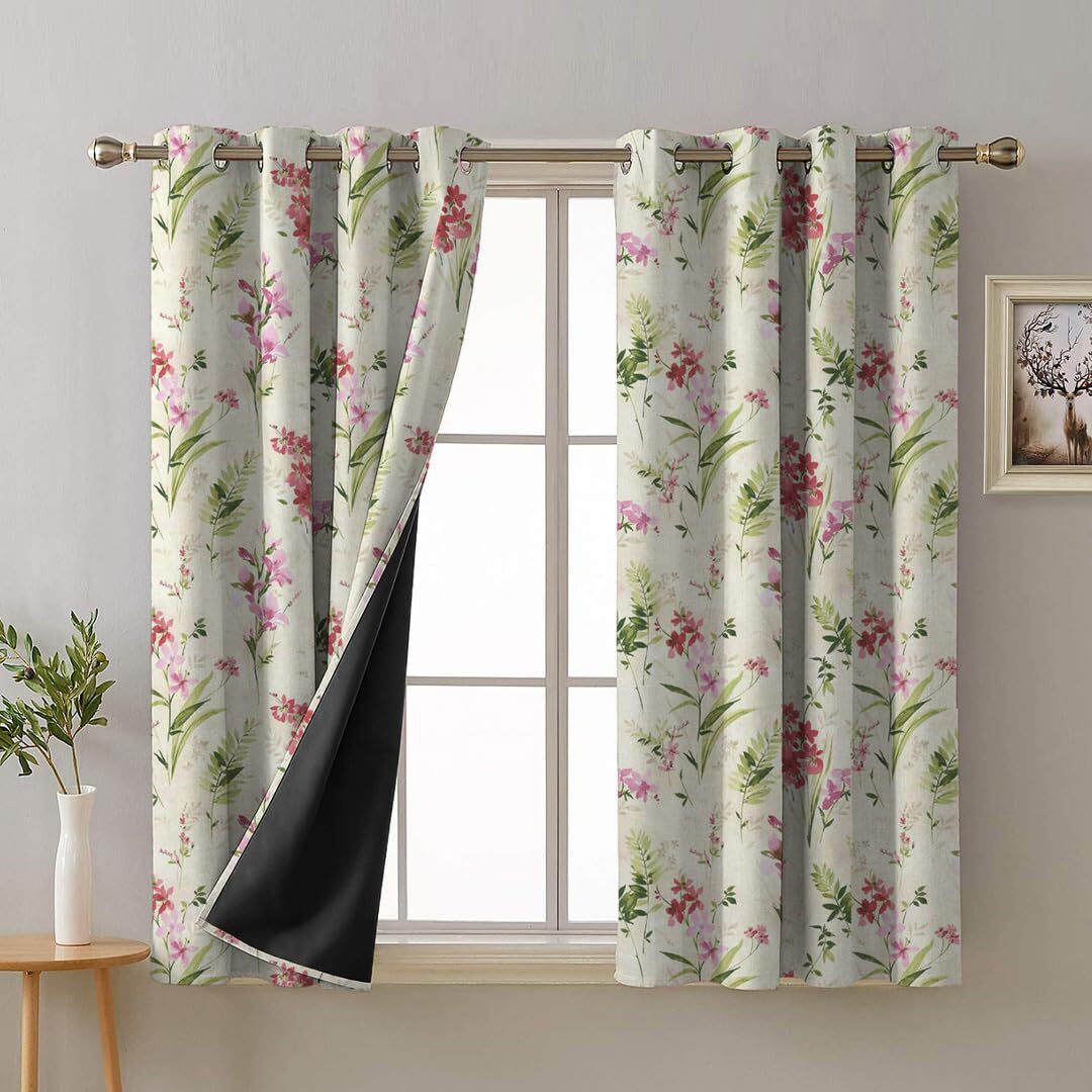 SPACES DRAPE STORY Premium Printed Blackout Curtain with Lining, Set of 2, 5Ft Window Curtains, Pink & White