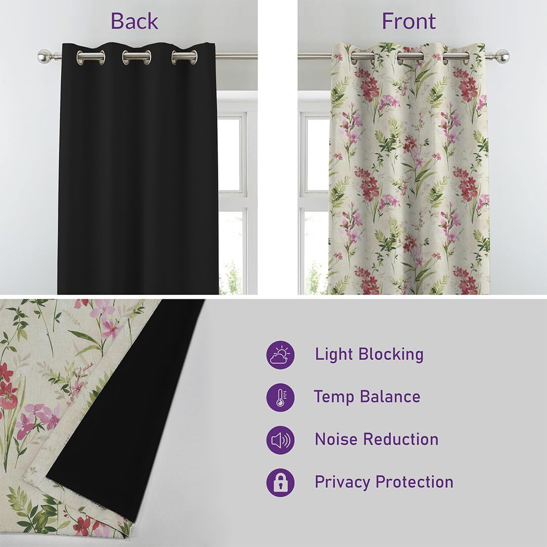 SPACES DRAPE STORY Premium Printed Blackout Curtain with Lining, Set of 2, 5Ft Window Curtains, Pink & White