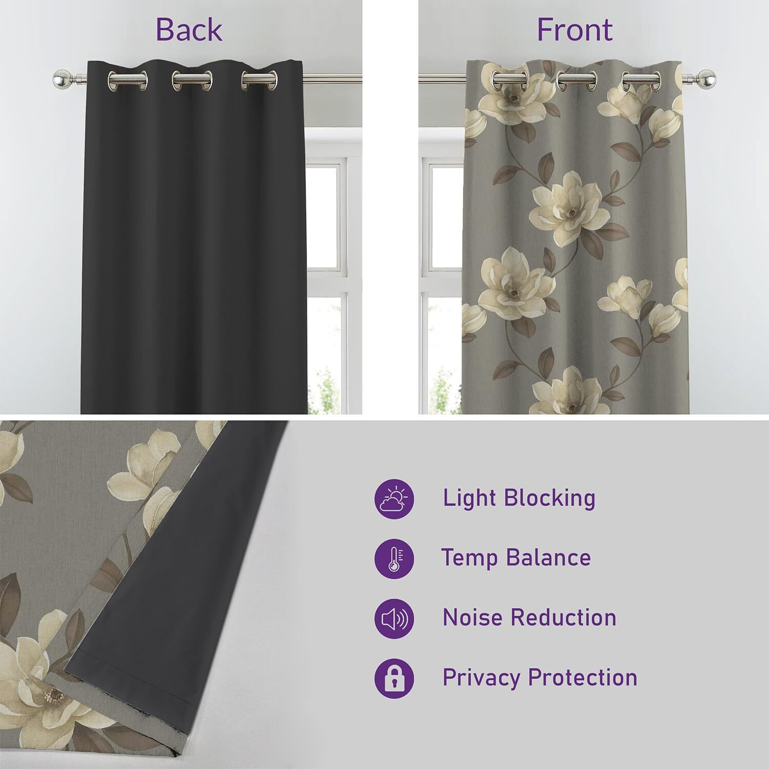 SPACES DRAPE STORY Premium Polyester Blackout Curtains - 95-98% Light Blocking - Digital Printed Floral - Heavy Fabric, Set of 2-5ft Window Curtains, Slate Grey