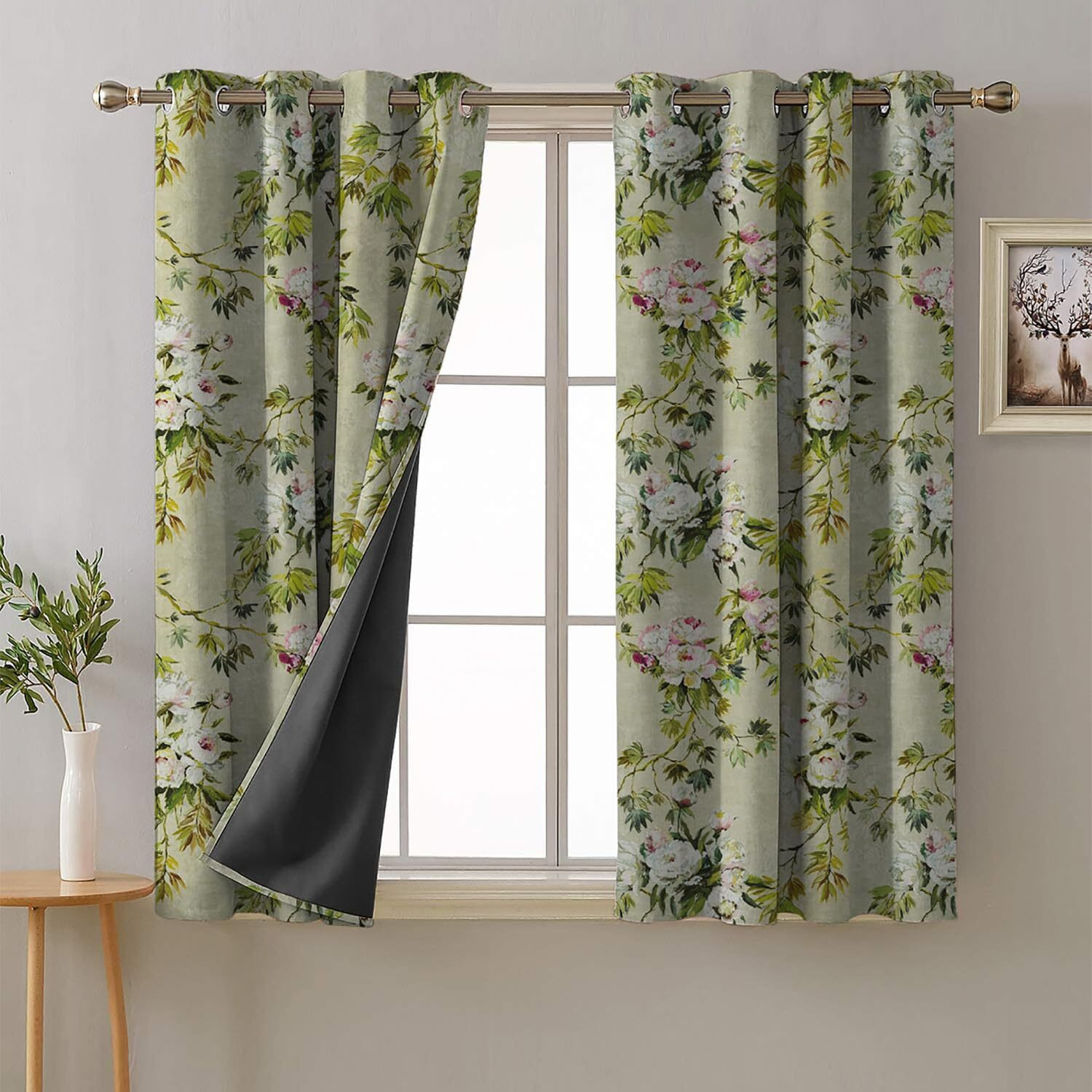 SPACES DRAPE STORY Premium Polyester Blackout Curtains - 95-98% Light Blocking - Digital Printed Floral - Heavy Fabric, Set of 2-5ft Window Curtains, Grass Green