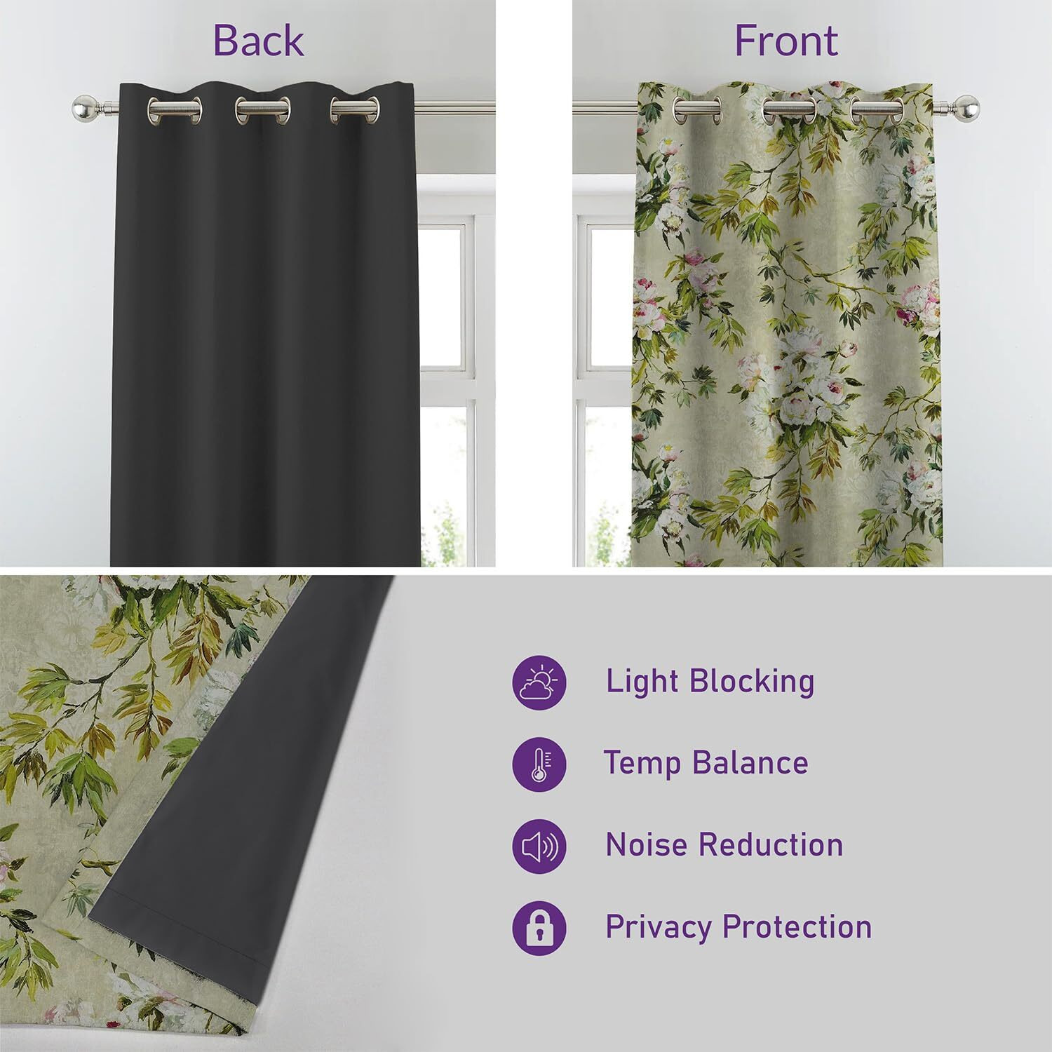 SPACES DRAPE STORY Premium Polyester Blackout Curtains - 95-98% Light Blocking - Digital Printed Floral - Heavy Fabric, Set of 2-5ft Window Curtains, Grass Green