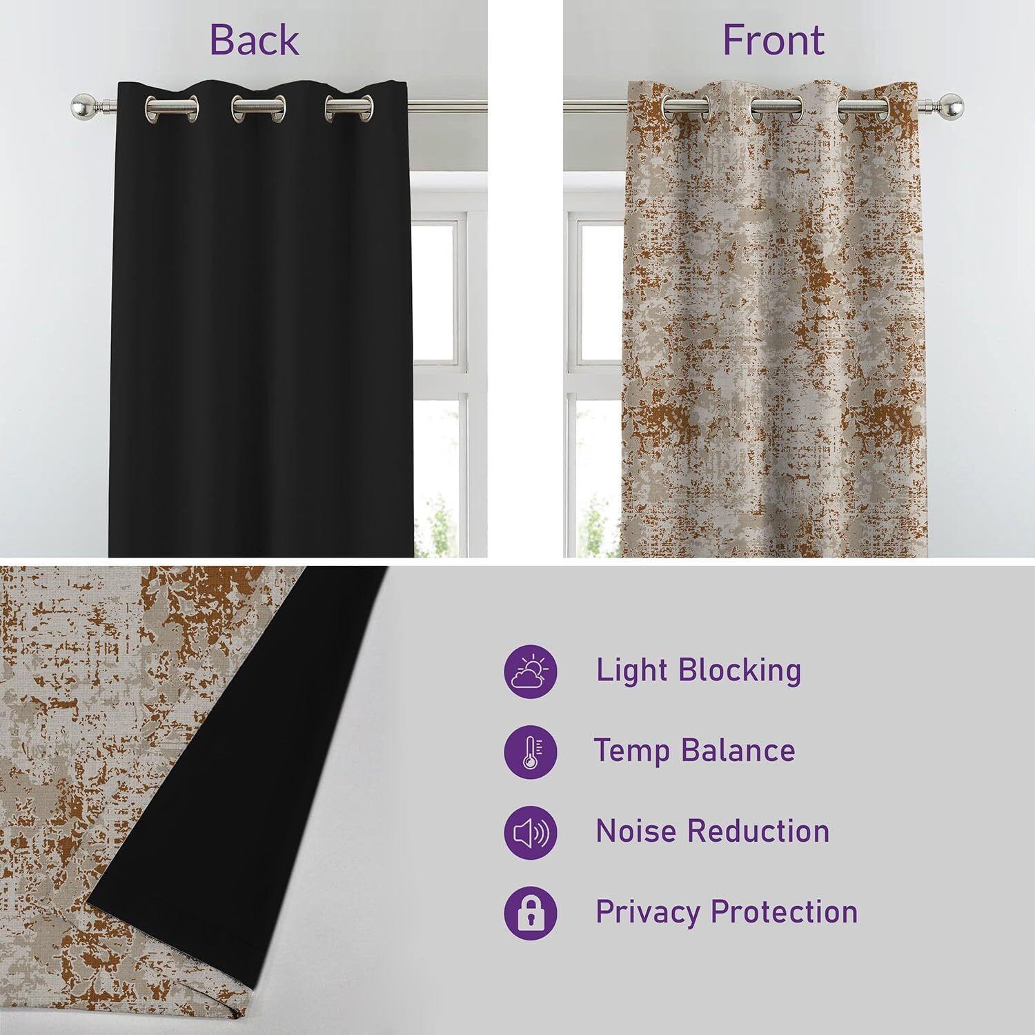 SPACES DRAPE STORY Premium Polyester Blackout Curtains - 95-98% Light Blocking - Digital Printed Geometric - Heavy Fabric, Set of 2-5ft Window Curtains, Mocha Brown