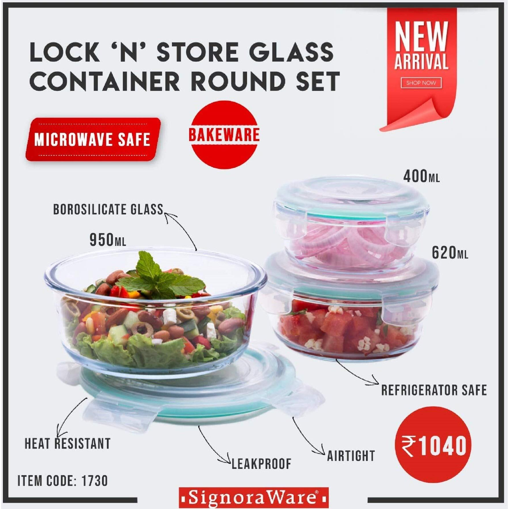 Signoraware Lock N Store High Borosilicate Bakeware Safe Glass Container Round (400ml+620ml+950ml), Set of 3, Transparent