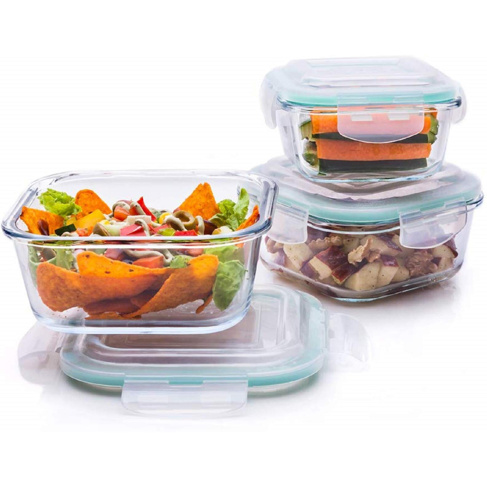 Signoraware Lock N Store High Borosilicate Bakeware Safe Glass Container Square (320ml+520ml+800ml), Set of 3, Transparent