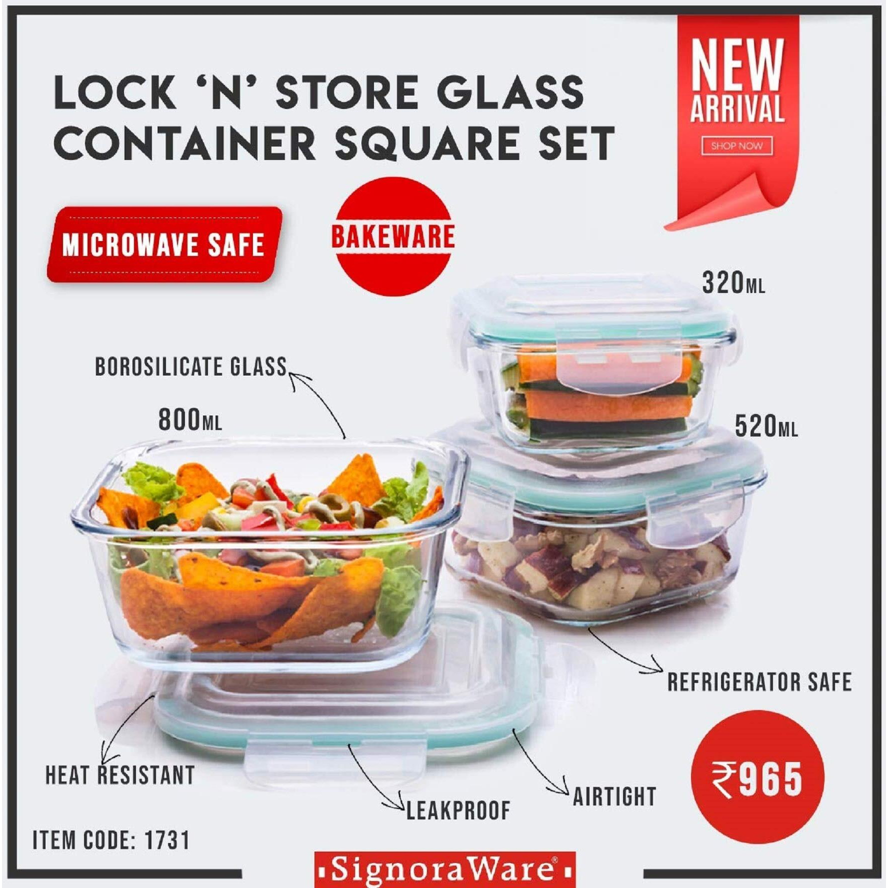 Signoraware Lock N Store High Borosilicate Bakeware Safe Glass Container Square (320ml+520ml+800ml), Set of 3, Transparent