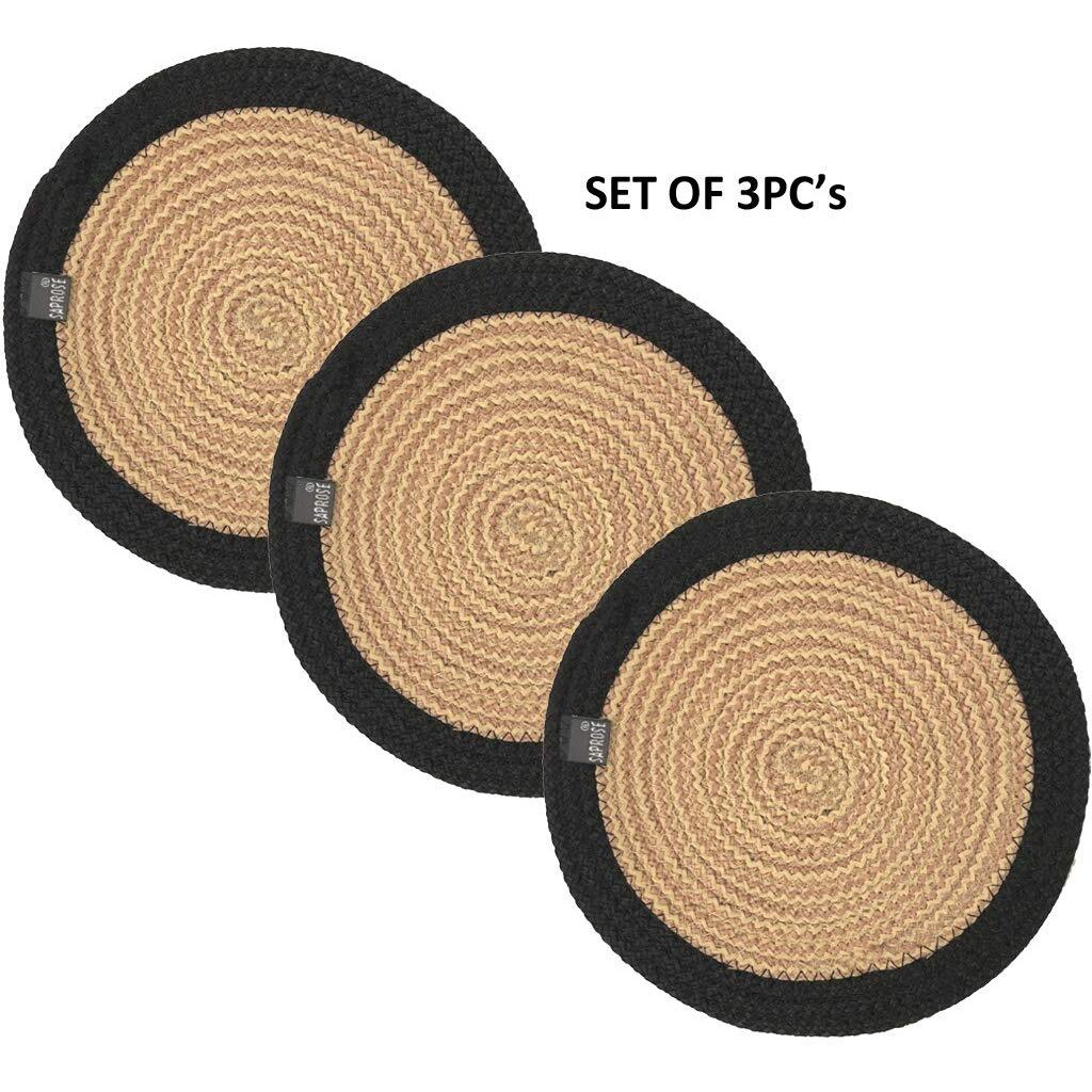 ST SAPROSE  Polypropylene Round Trivet (3 PCS Set, Size 23 cm) Pot MAT, Side Table Mat, Machine Washable Small Place Mat for Casserole for Dining Table (9 Dia, Black)