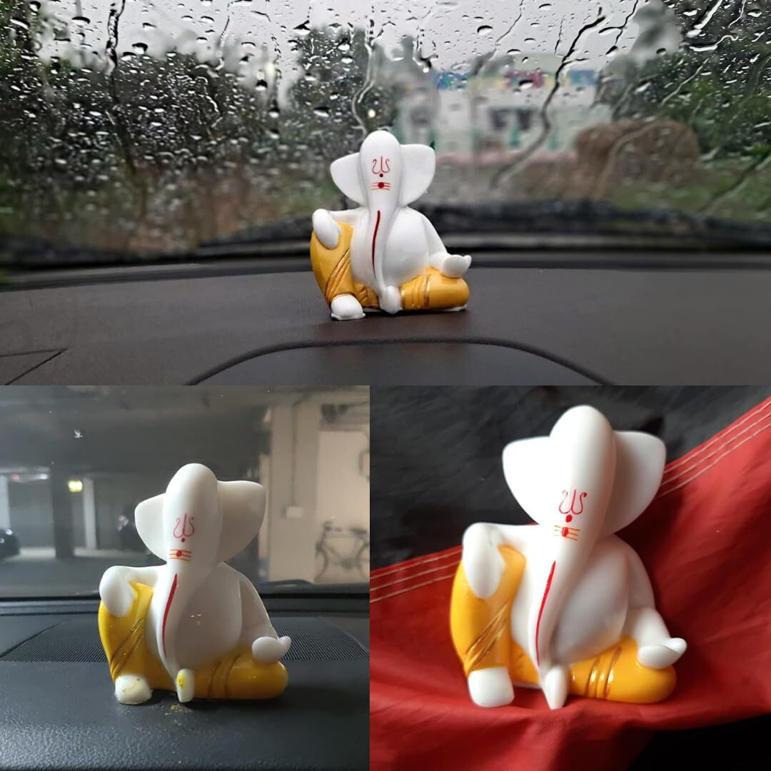 CREATION STORE Tilak Ganesh Idol for Car Dashboard Small Marble Idol God Ganesha Statue Murti Ganpati Idol Figurine (White Yellow)