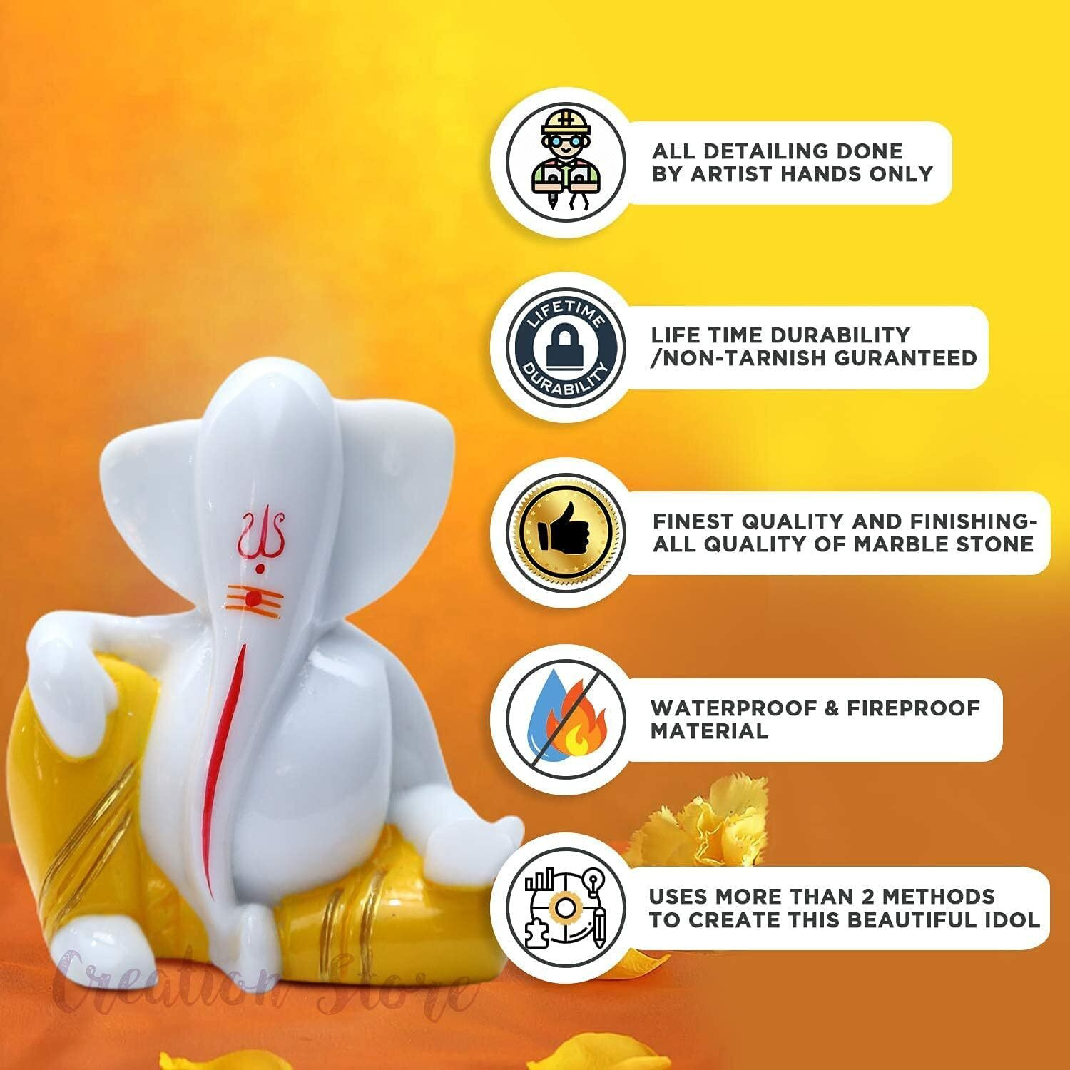 CREATION STORE Tilak Ganesh Idol for Car Dashboard Small Marble Idol God Ganesha Statue Murti Ganpati Idol Figurine (White Yellow)