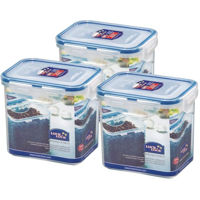 Lock & Lock Classic Plastic Airtight Food Storage Container with Leak Proof Lid, 850 Ml, Transparent, Set of 3 (HPL808)