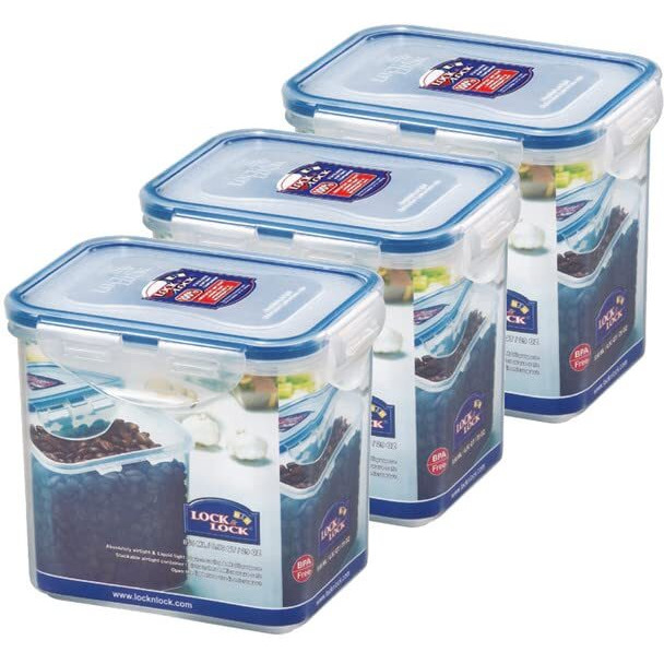 Lock & Lock Classic Plastic Airtight Food Storage Container with Leak Proof Lid, 850 Ml, Transparent, Set of 3 (HPL808)