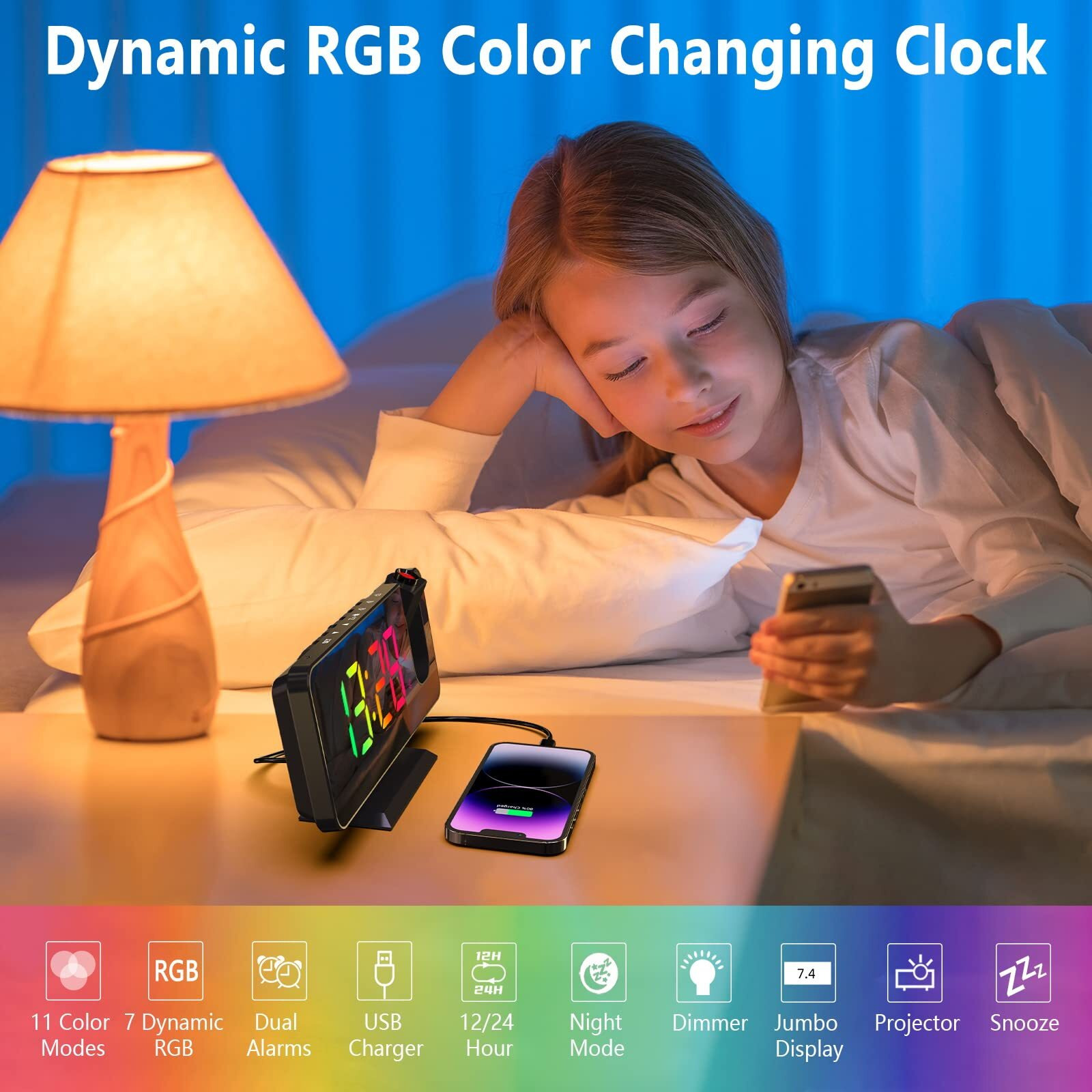 ThreeH Plastic Projector Alarm Clock with 11 Rgb Colors Changing Led Mirror Display Digital Clock with USB Charger Port Snooze Function 6 Levels of Brightness Adjustable Black