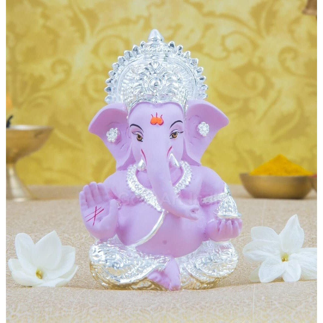 Gold Art India Ganesh Idol for Car Dashboard Ganesha Murti Ganpati Idol for Home Decor Puja Lord Ganesh Statue Gift for Office Desk Puja Room Figurine (Silver Pink)