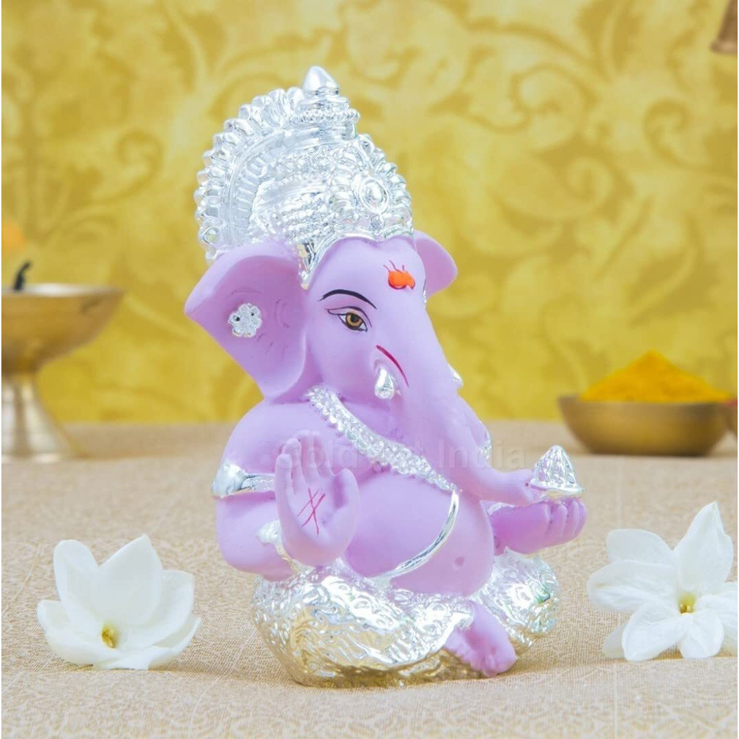 Gold Art India Ganesh Idol for Car Dashboard Ganesha Murti Ganpati Idol for Home Decor Puja Lord Ganesh Statue Gift for Office Desk Puja Room Figurine (Silver Pink)